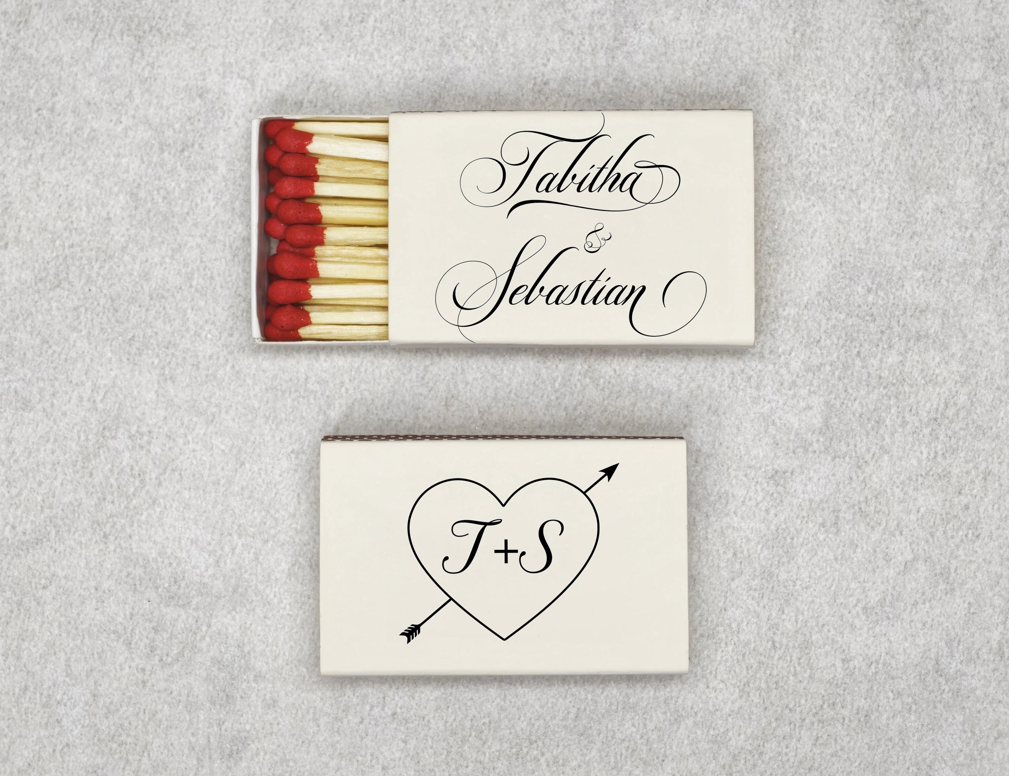 Personalized Wedding Matchboxes with Vintage Heart Arrow Motif - Front View Product Showcase