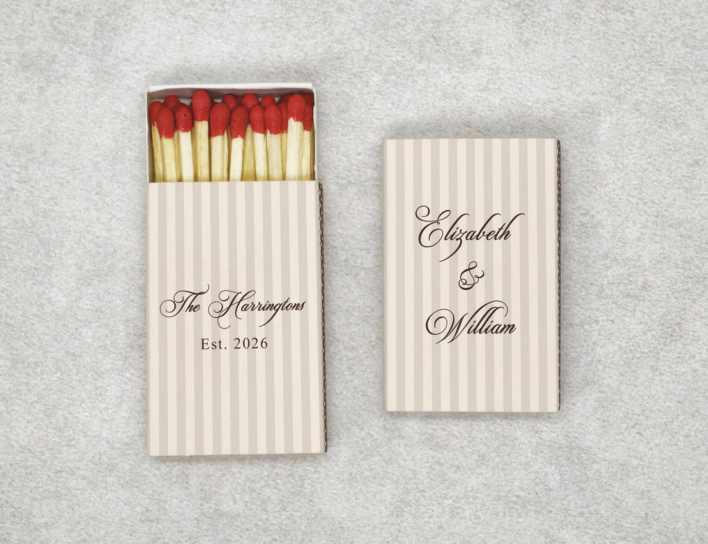 Personalized Wedding Matchboxes with Classic Striped Pattern - Front View Product Showcase