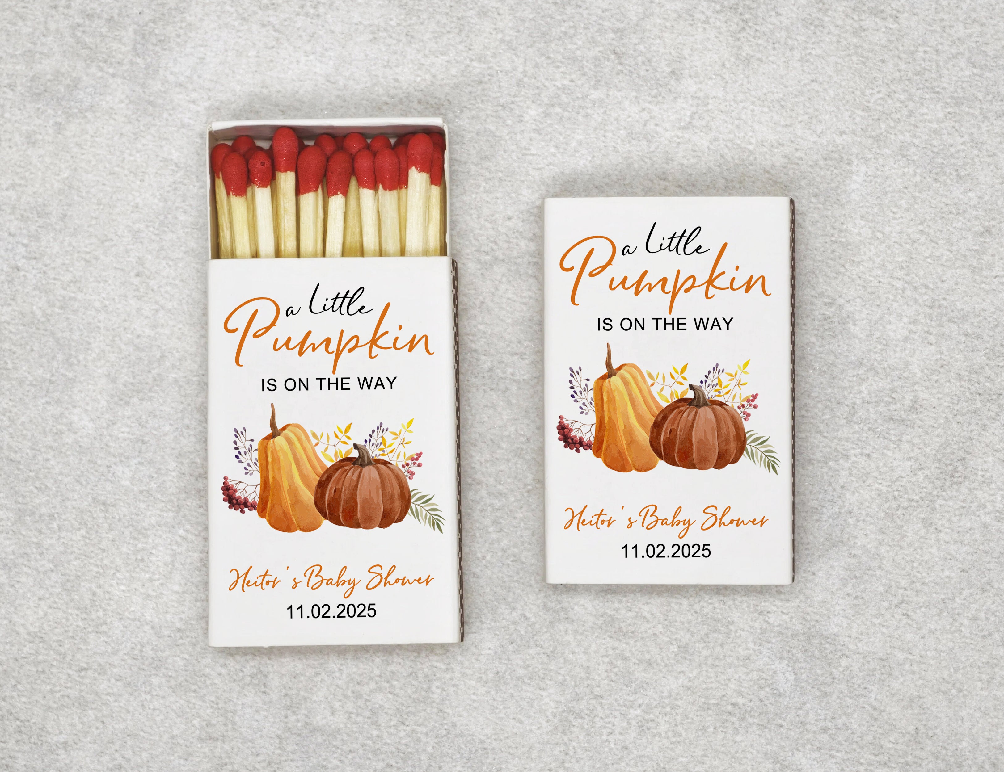 Personalized Baby Shower Matchboxes - A Little Pumpkin Is On The Way Custom Name & Date Design