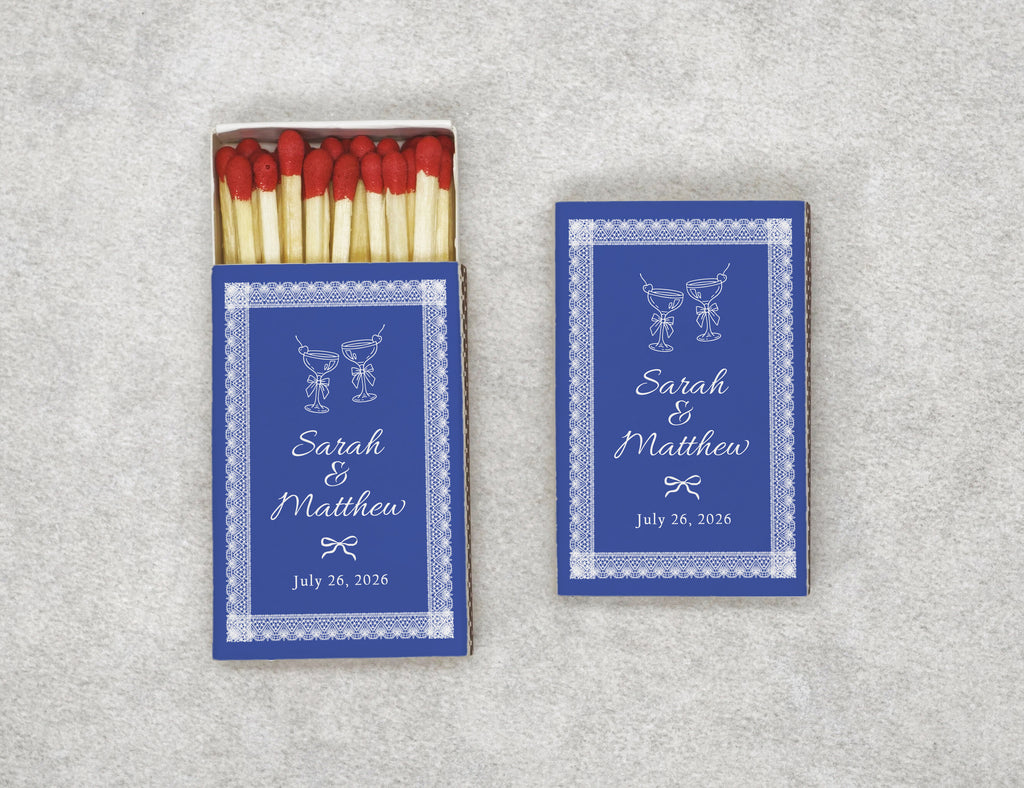 Personalized royal blue lace wedding matchboxes with cocktail martini design - front view
