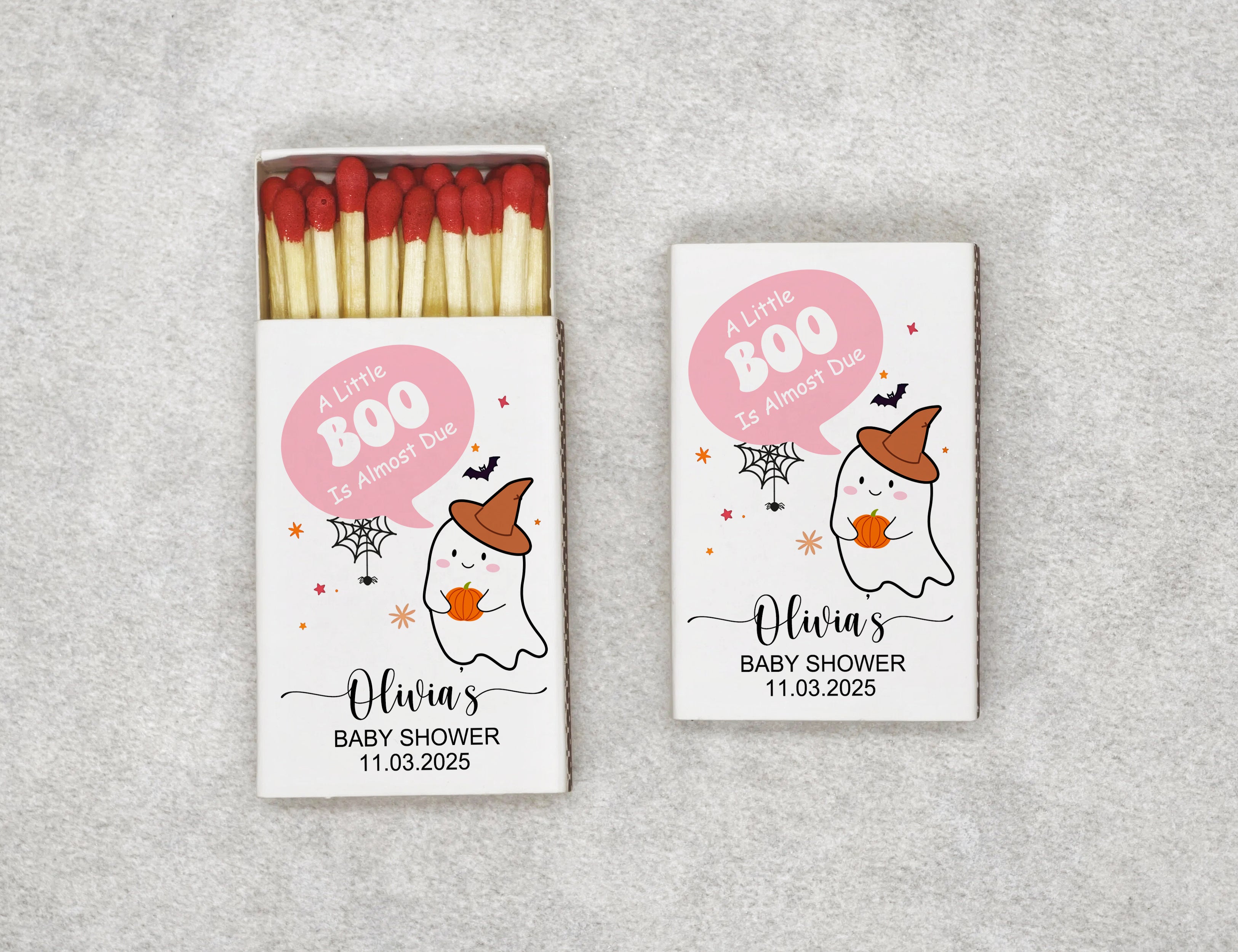 Personalized Baby Shower Matchboxes - Cute Ghost 'A Little BOO Is Almost Due' Design