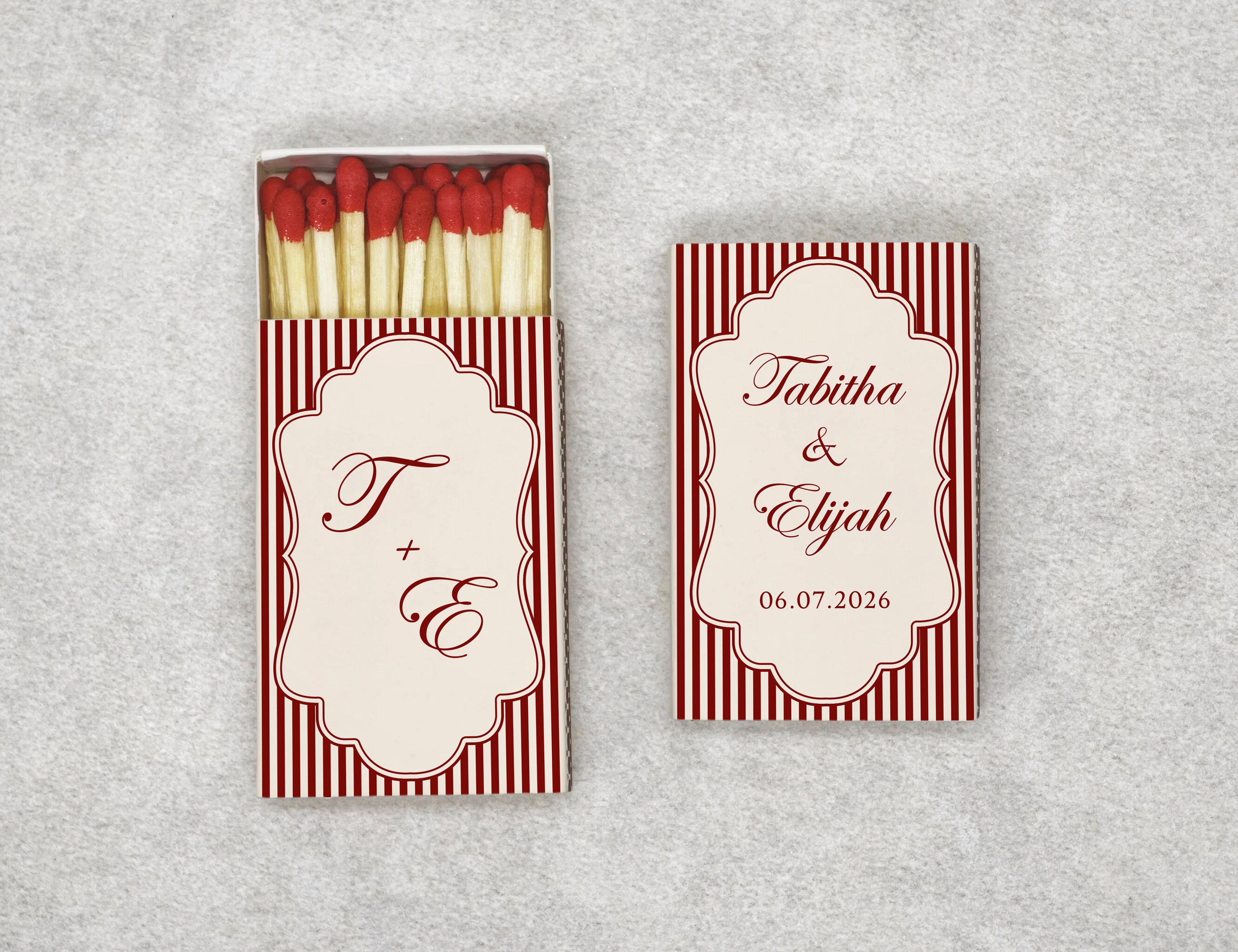Personalized Wedding Matchboxes with Elegant Script Typography - Front View Product Showcase