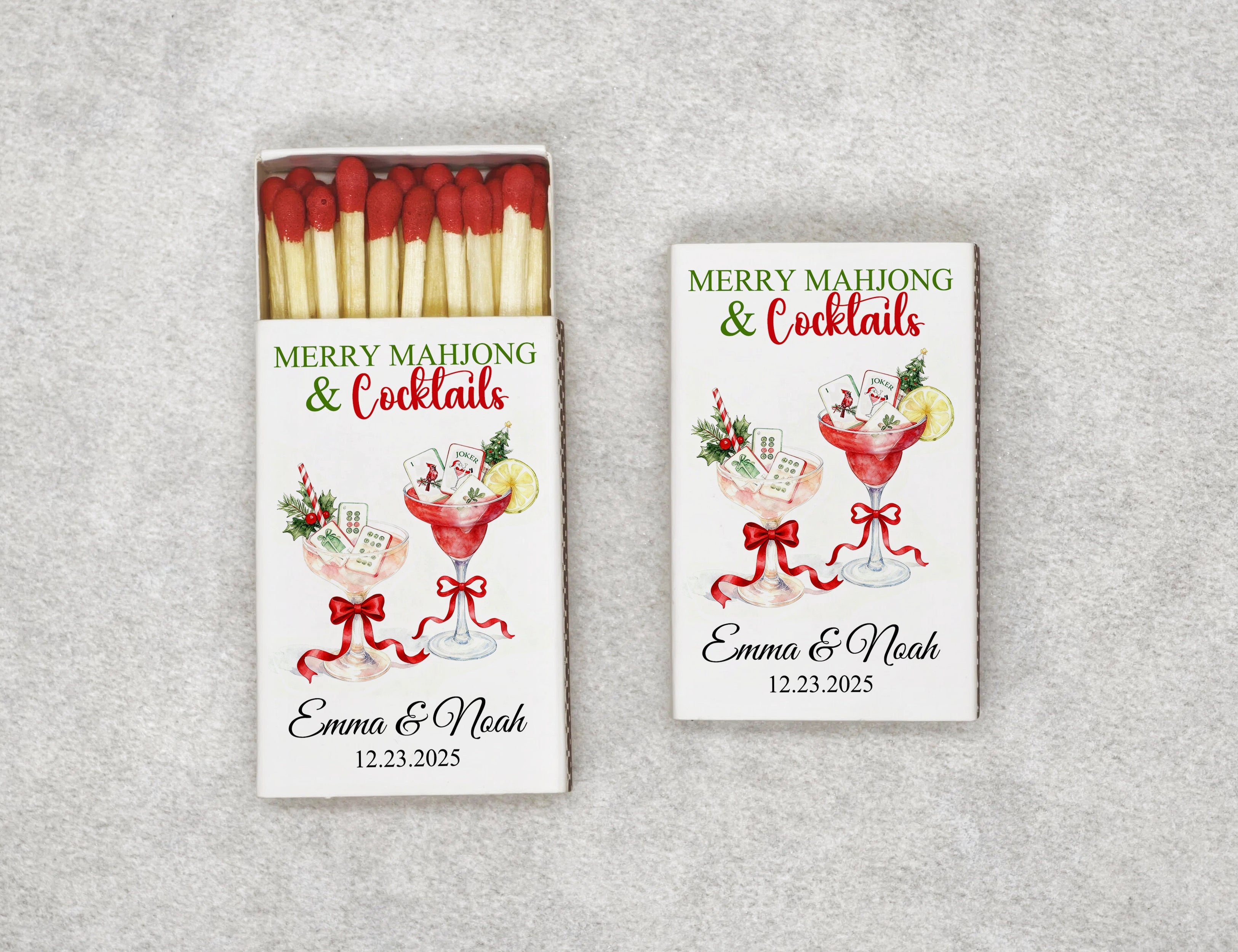 Personalized Christmas matchboxes with Merry Mahjong and Cocktails design - front view
