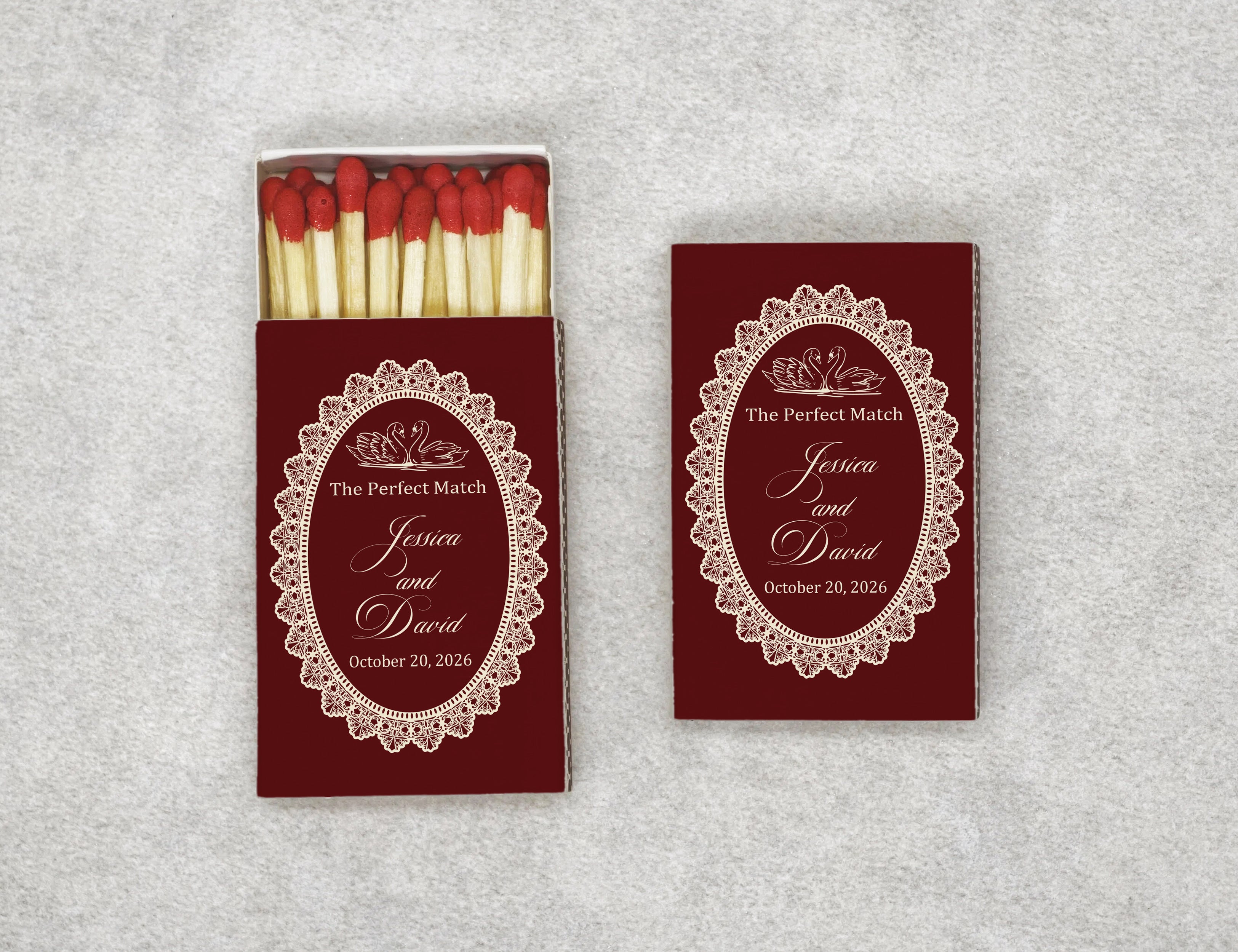 Personalized Burgundy Lace Wedding Matchboxes - Custom Swan "The Perfect Match" Elegant Engagement & Bridal Shower Favors with Names & Date