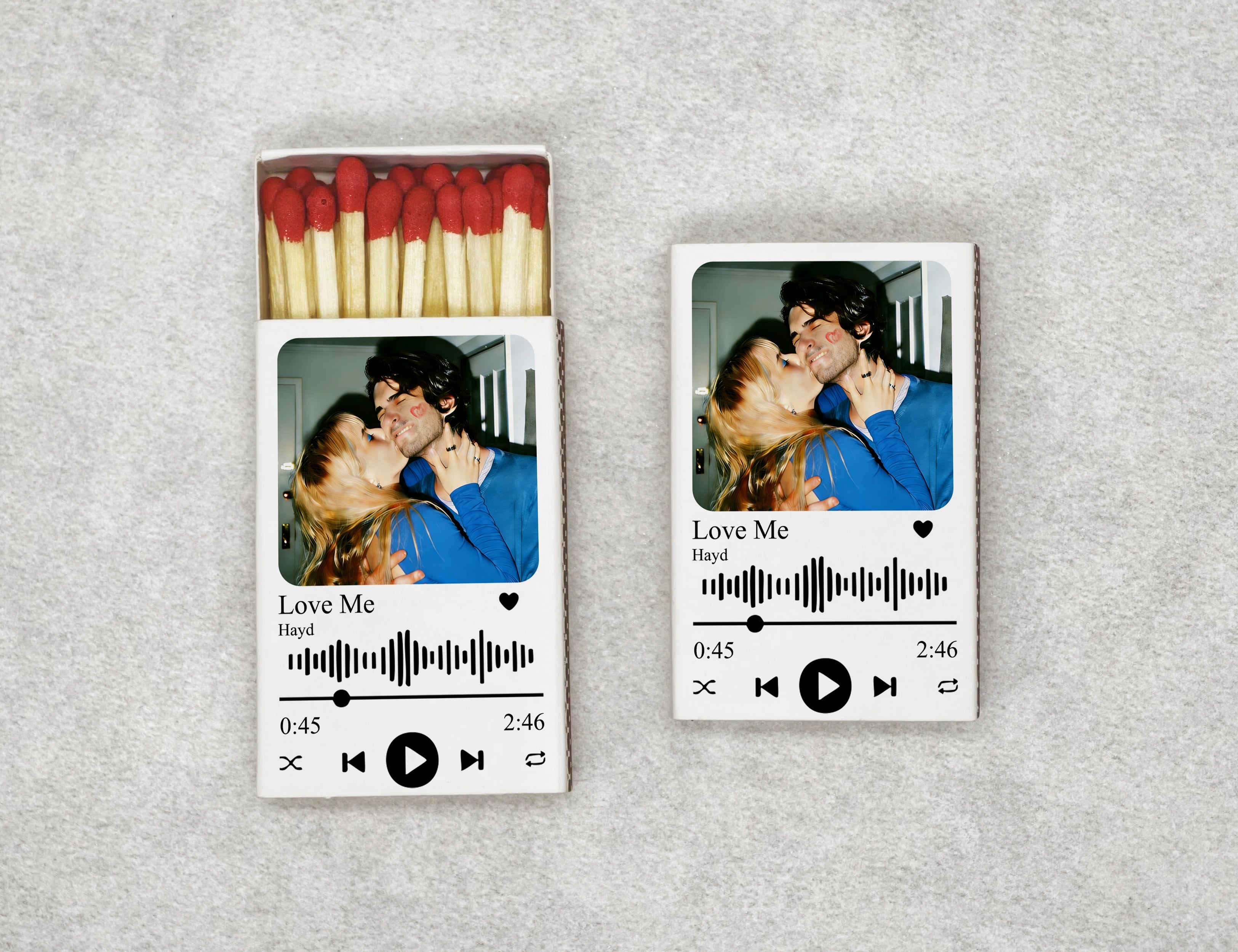 Personalized music player matchboxes with Love Me song design - front view