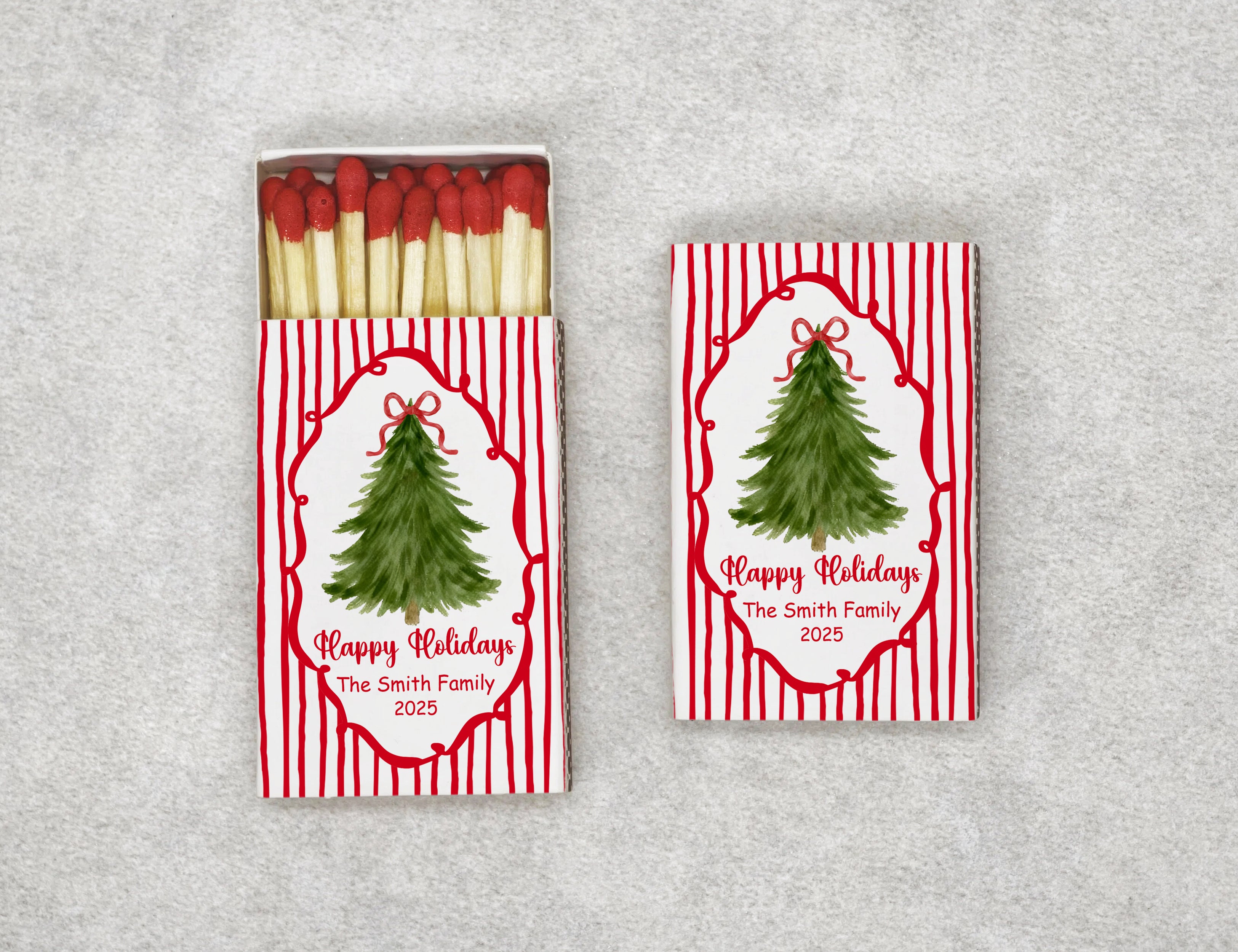 Personalized Christmas Matchboxes - Happy Holidays Watercolor Tree Custom Family Name & Year Design