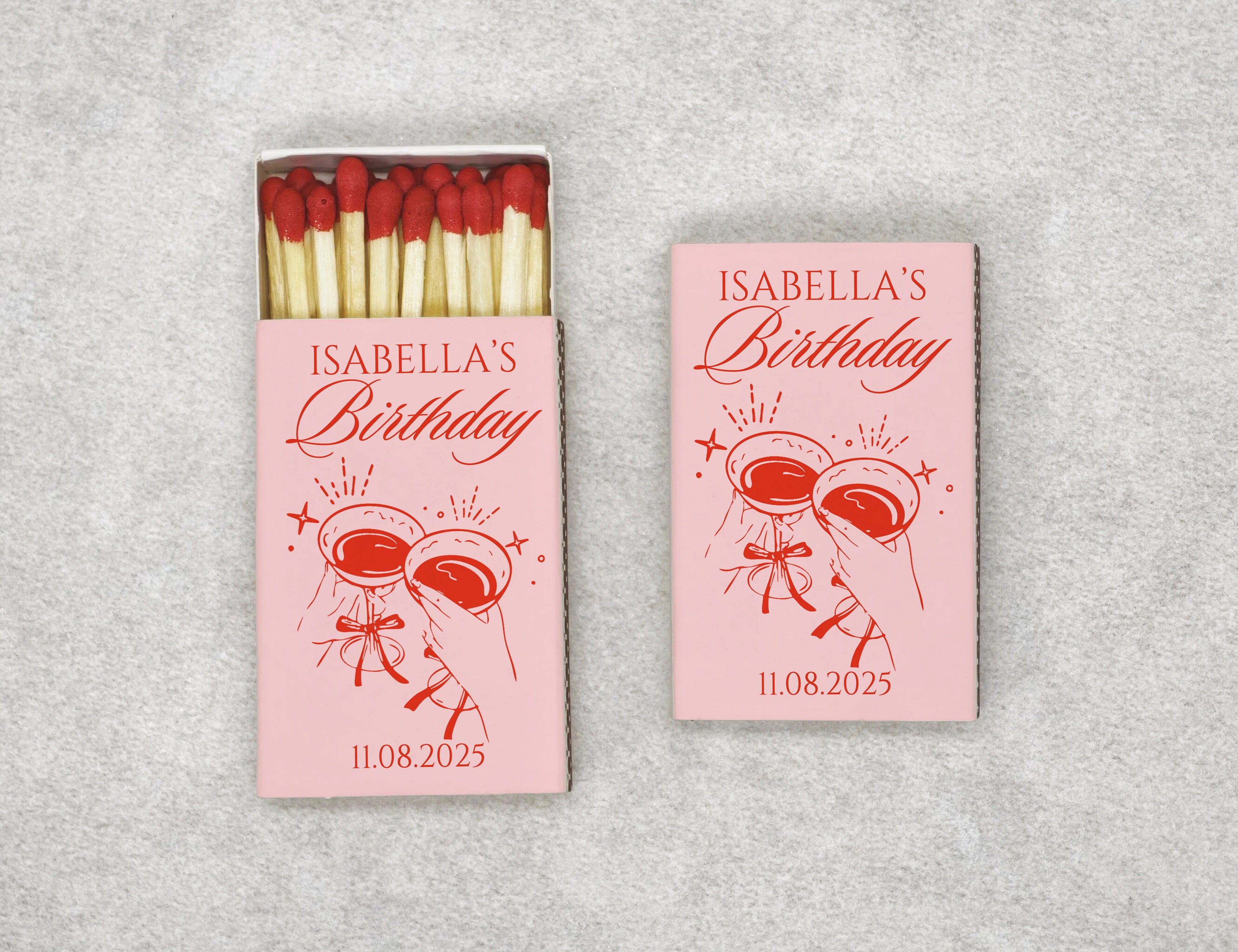 Personalized Birthday Matchboxes - Pink Cheers Custom Name & Date Design