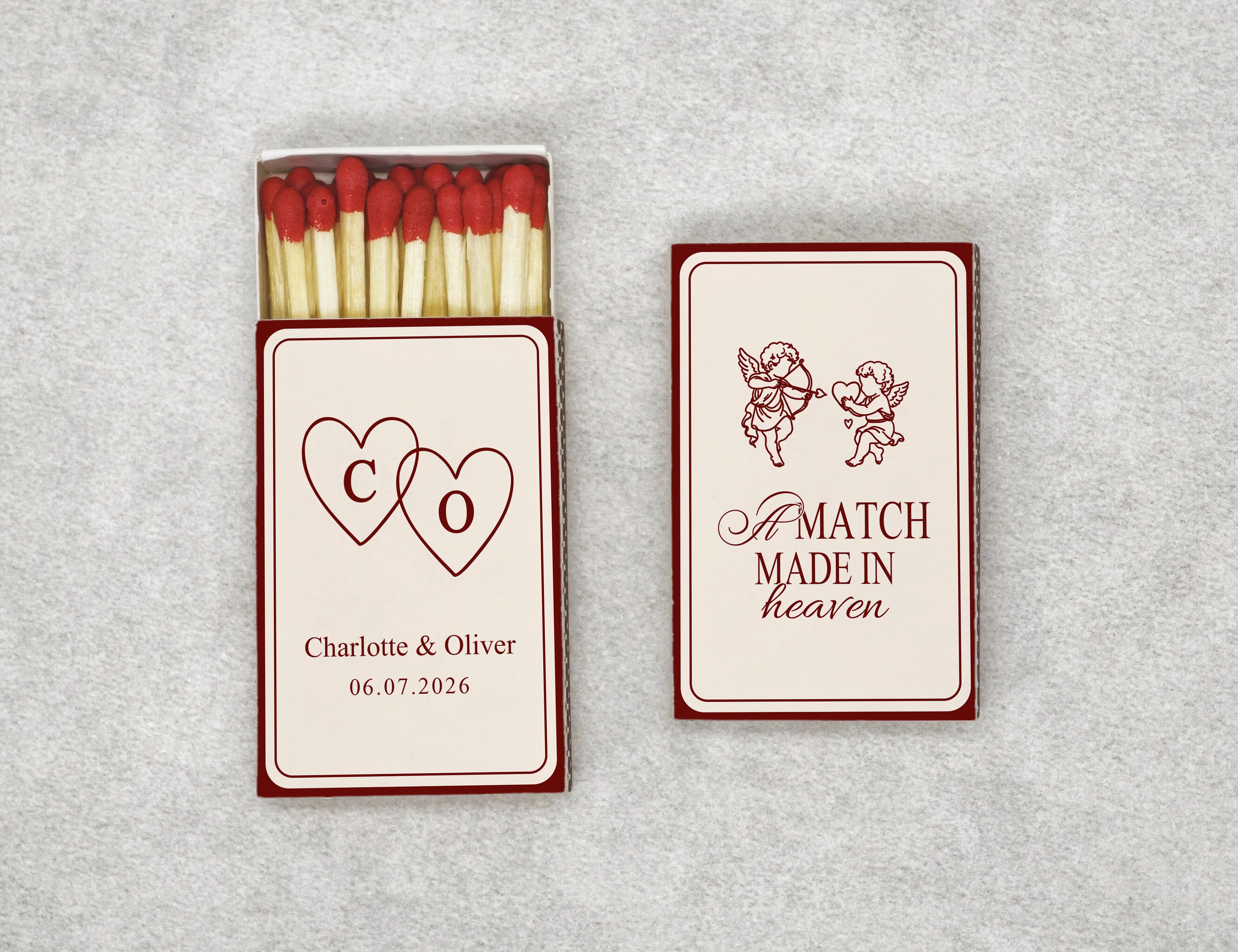 Personalized vintage cupid wedding matchboxes with interlocking hearts - front view