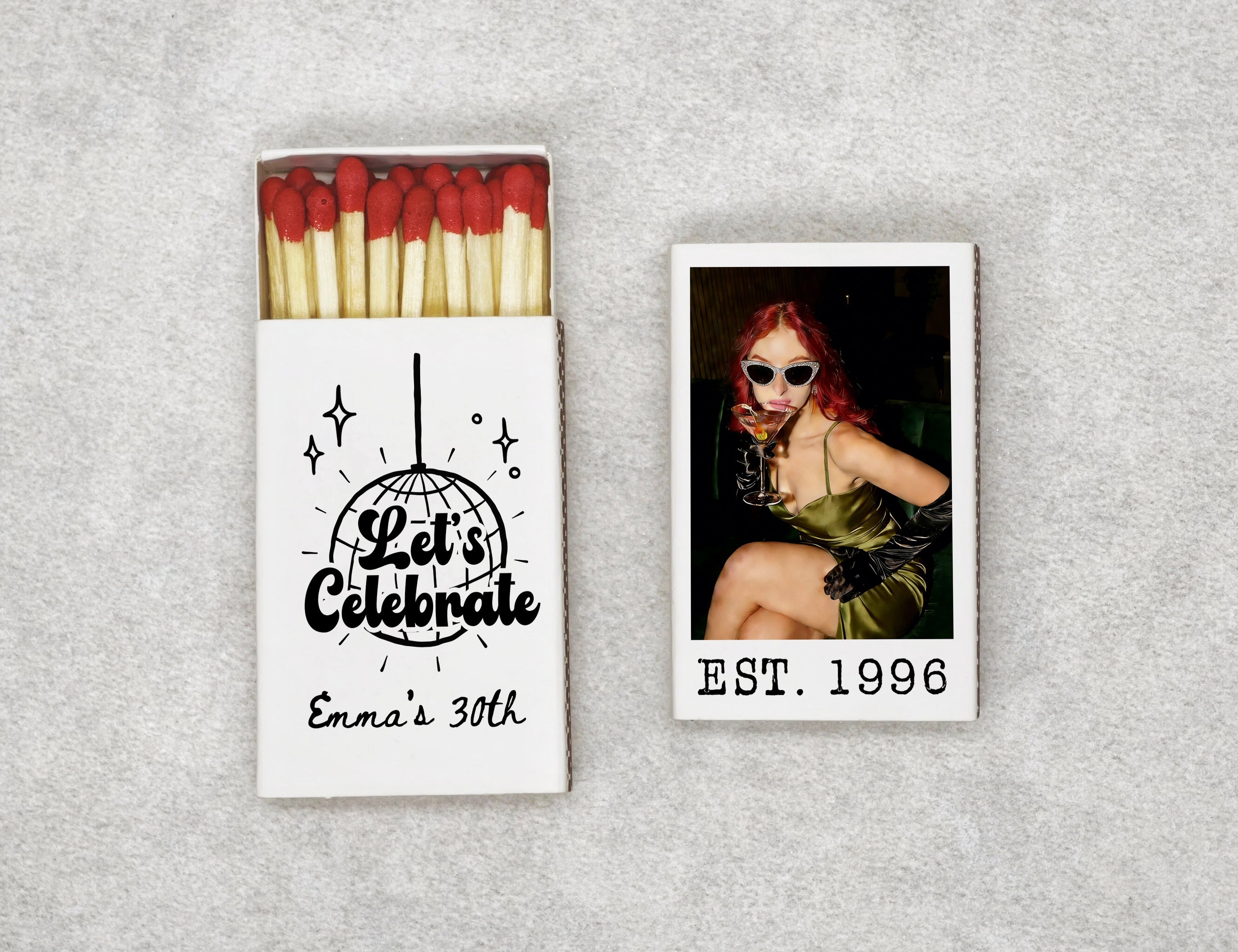 Personalized 30th birthday matchboxes with Lets Celebrate disco design - front view