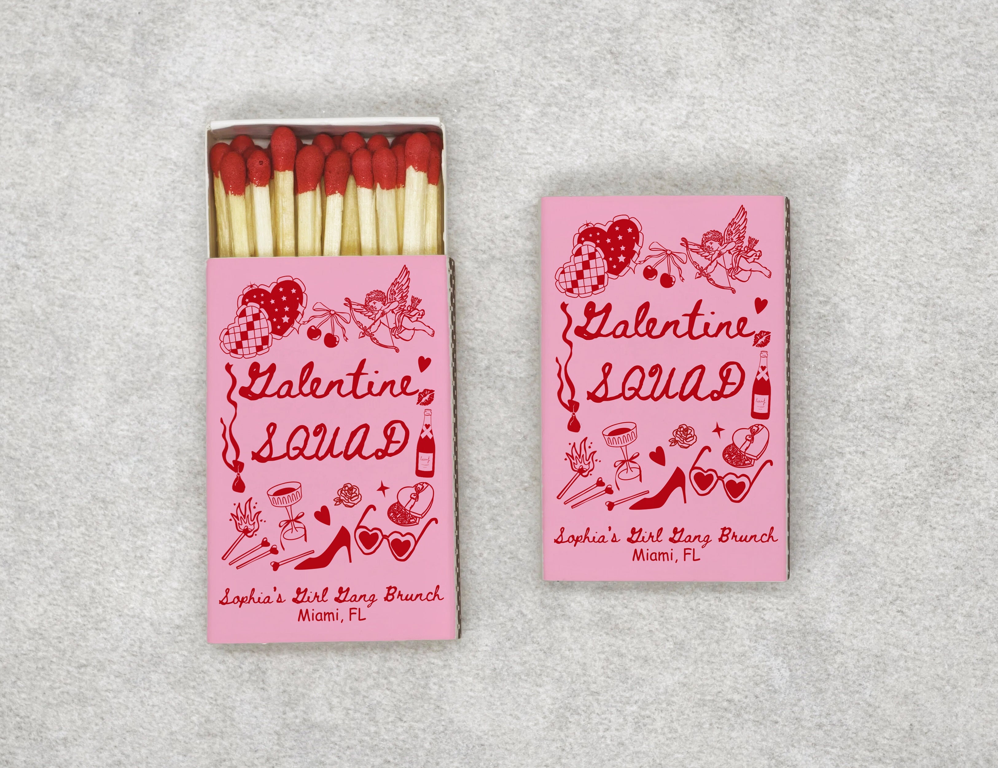 Personalized Valentines Day matchboxes with Valentine Squad design - front view