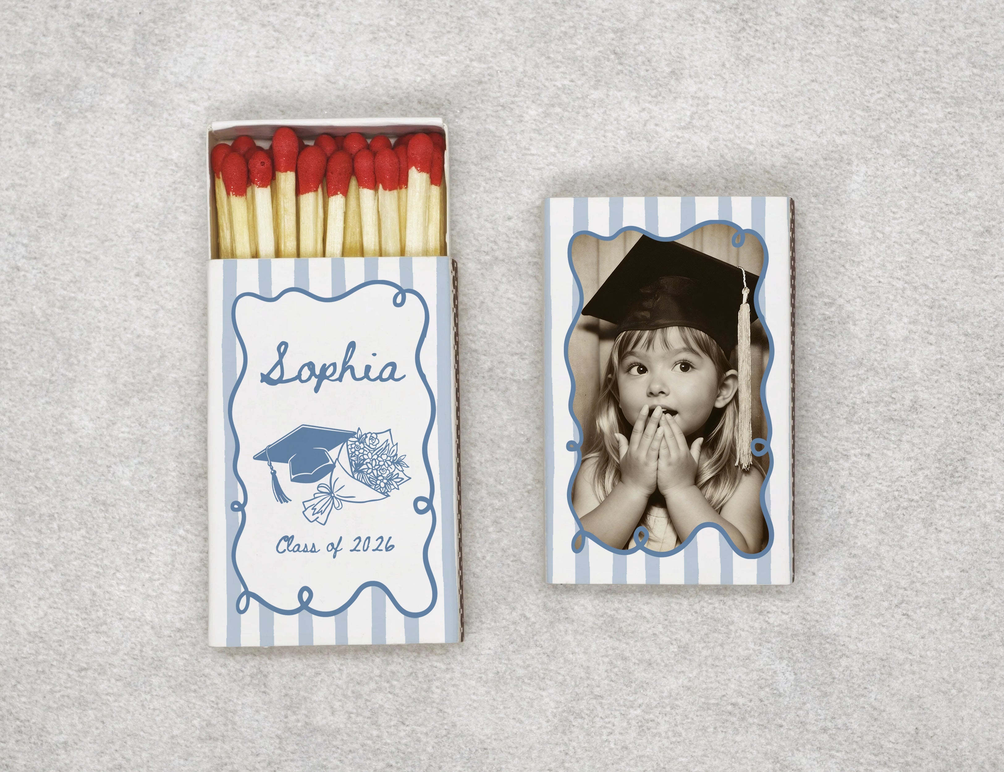 Personalized graduation matchboxes with Class of 2026 design - front view