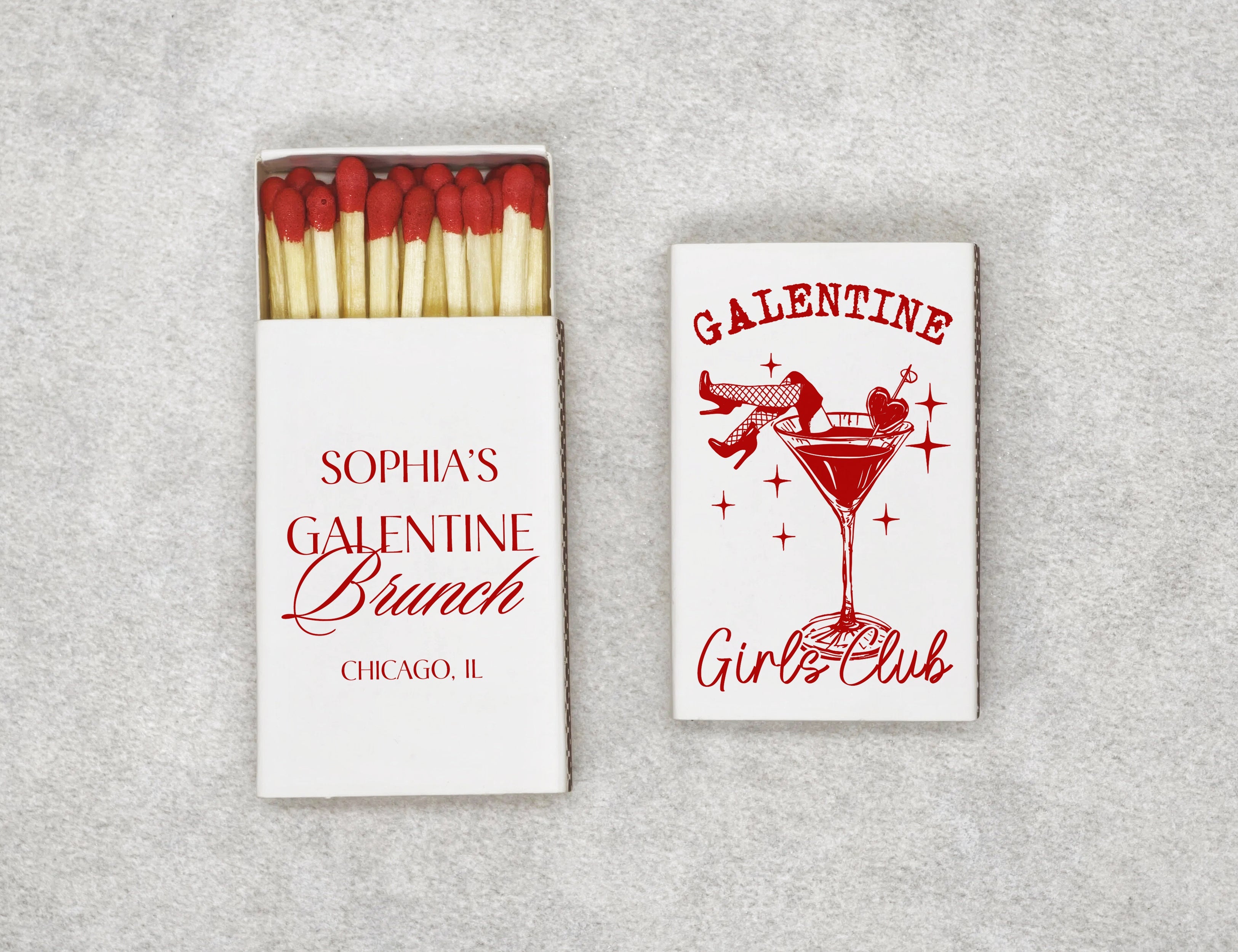 Personalized Galentines Day matchboxes with Girls Club cocktail design - front view