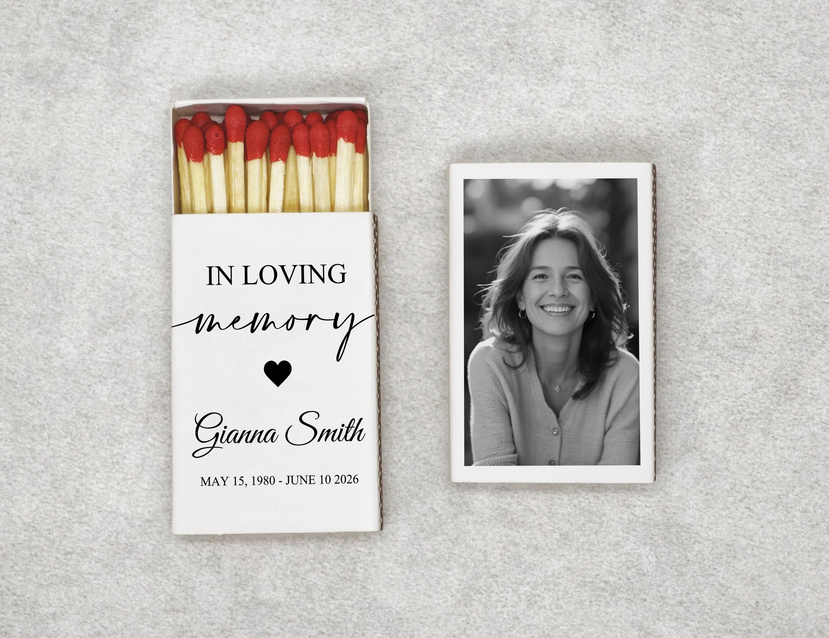 Personalized memorial matchboxes with In Loving Memory design - front view