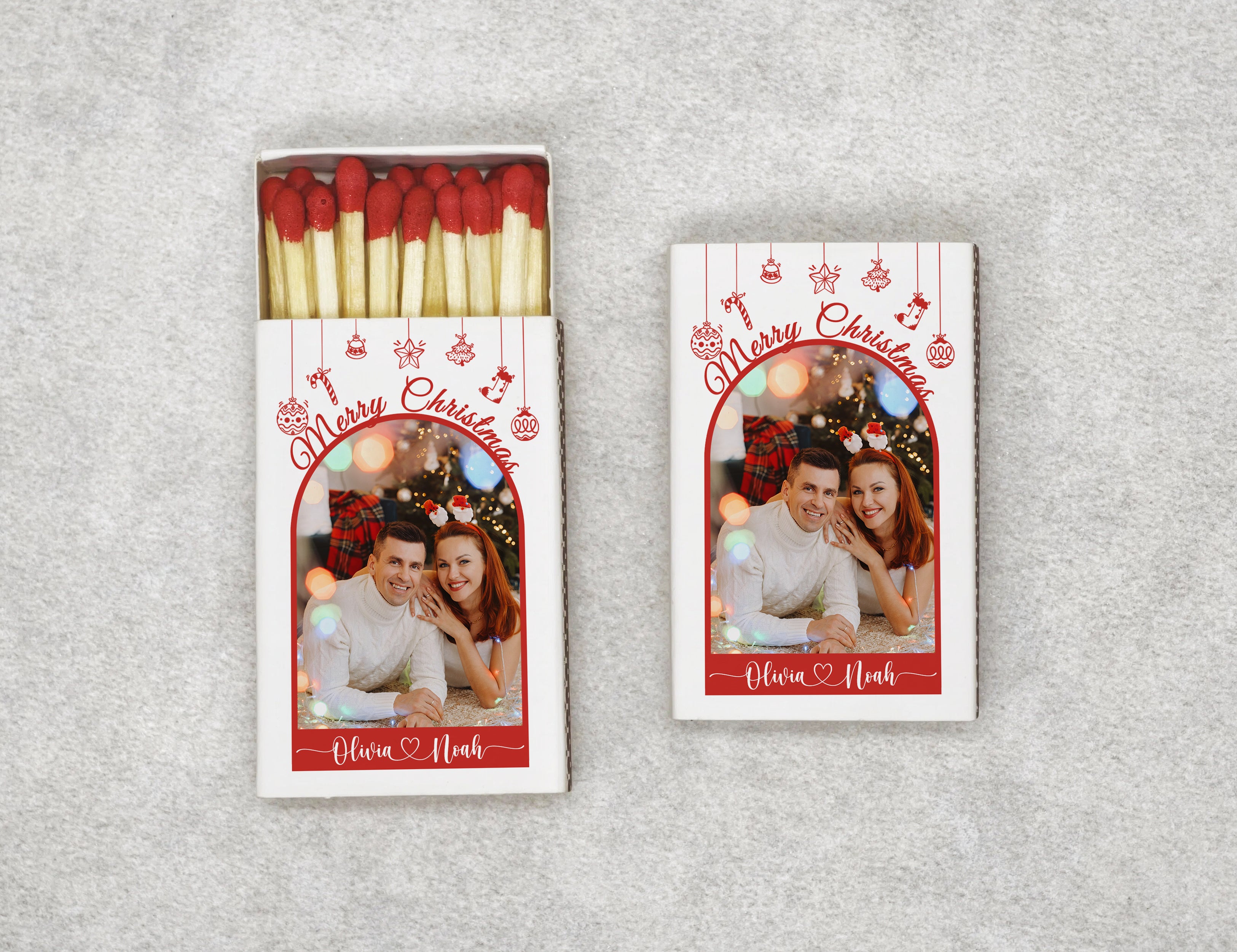 Personalized Christmas Matchboxes - Merry Christmas Couple Custom Photo & Names Design