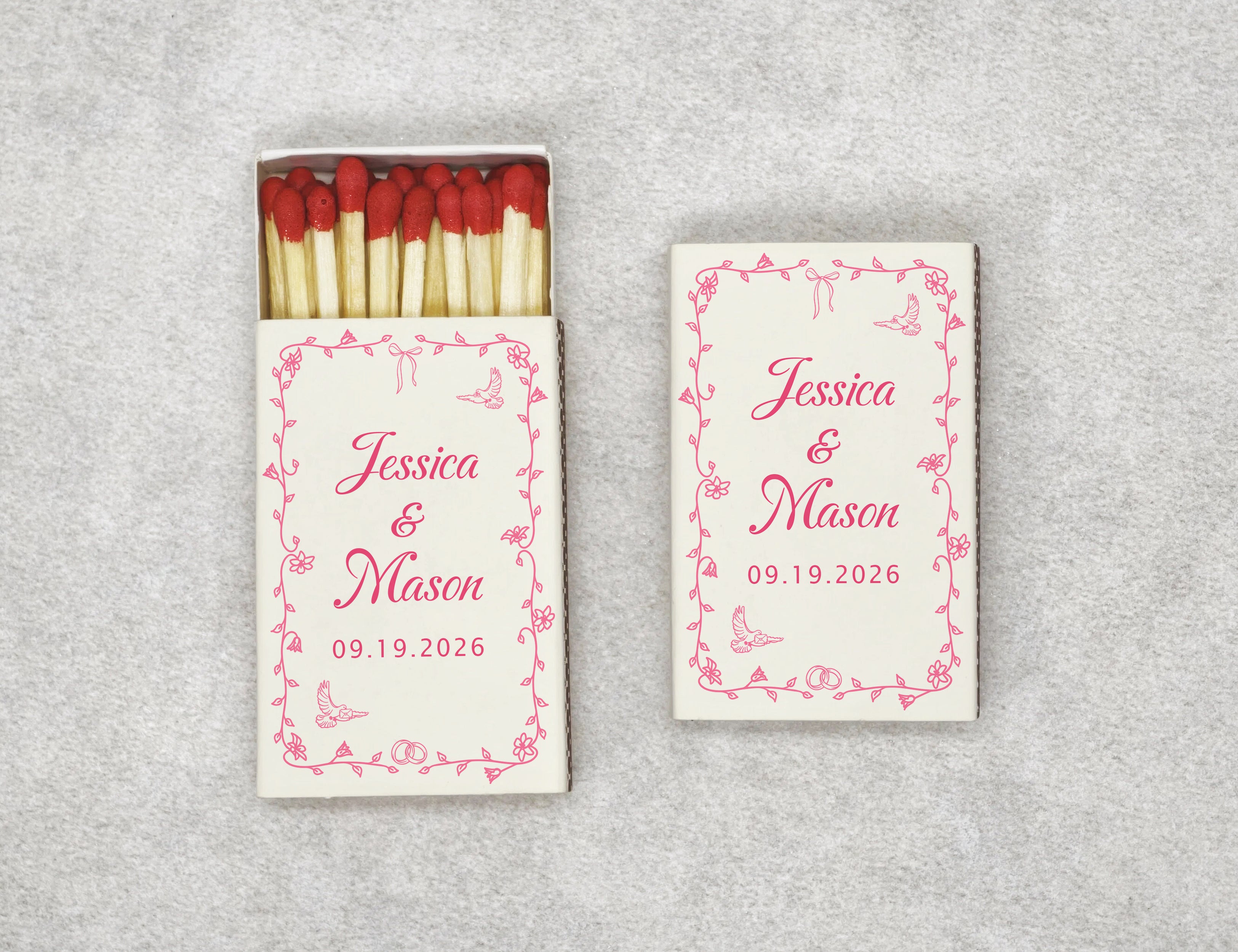 Personalized Wedding Matchboxes with Elegant Script Typography - Front View Product Showcase