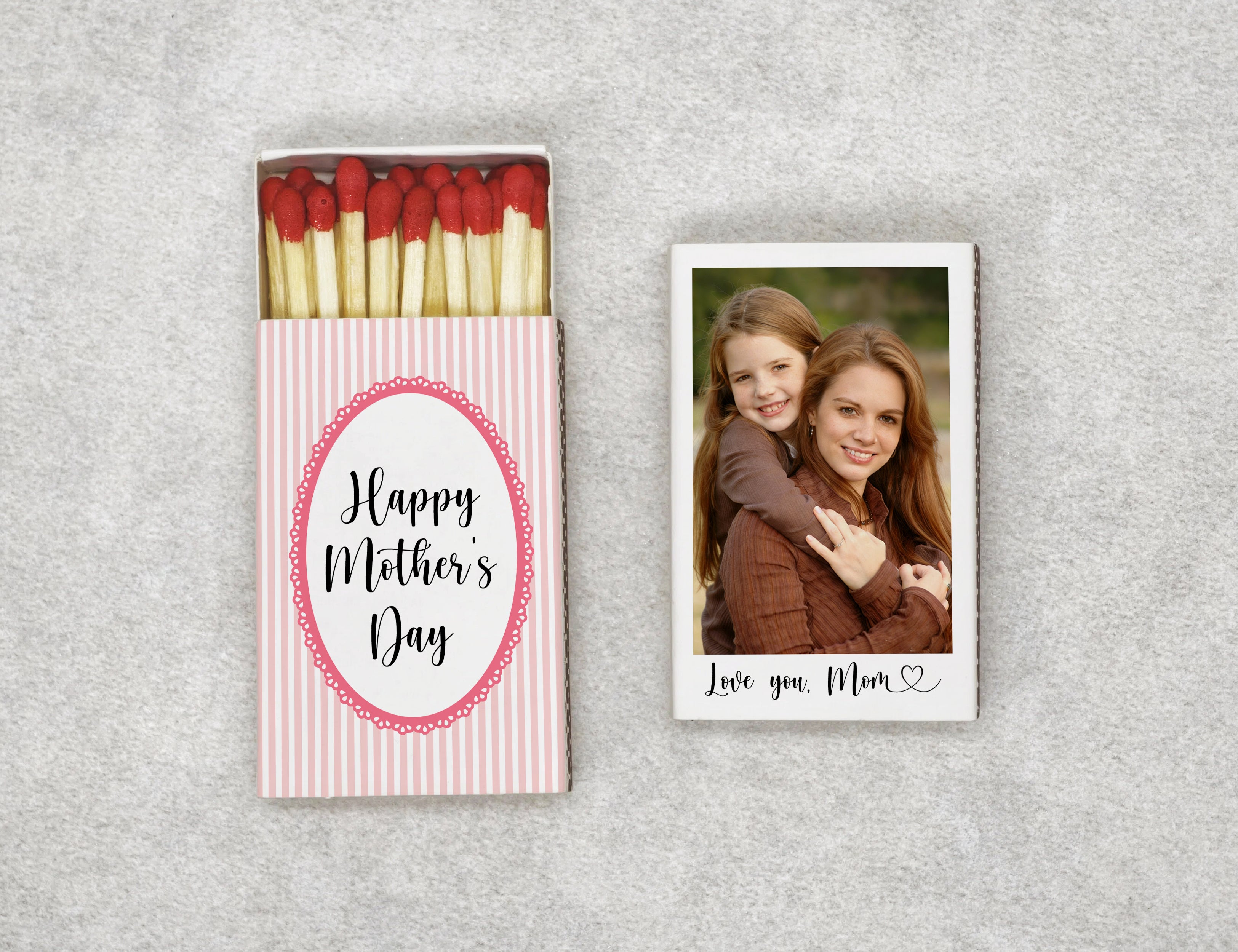 Personalized Pink Stripe Mother's Day Matchboxes - Custom Photo & Happy Mother's Day Design for Mom