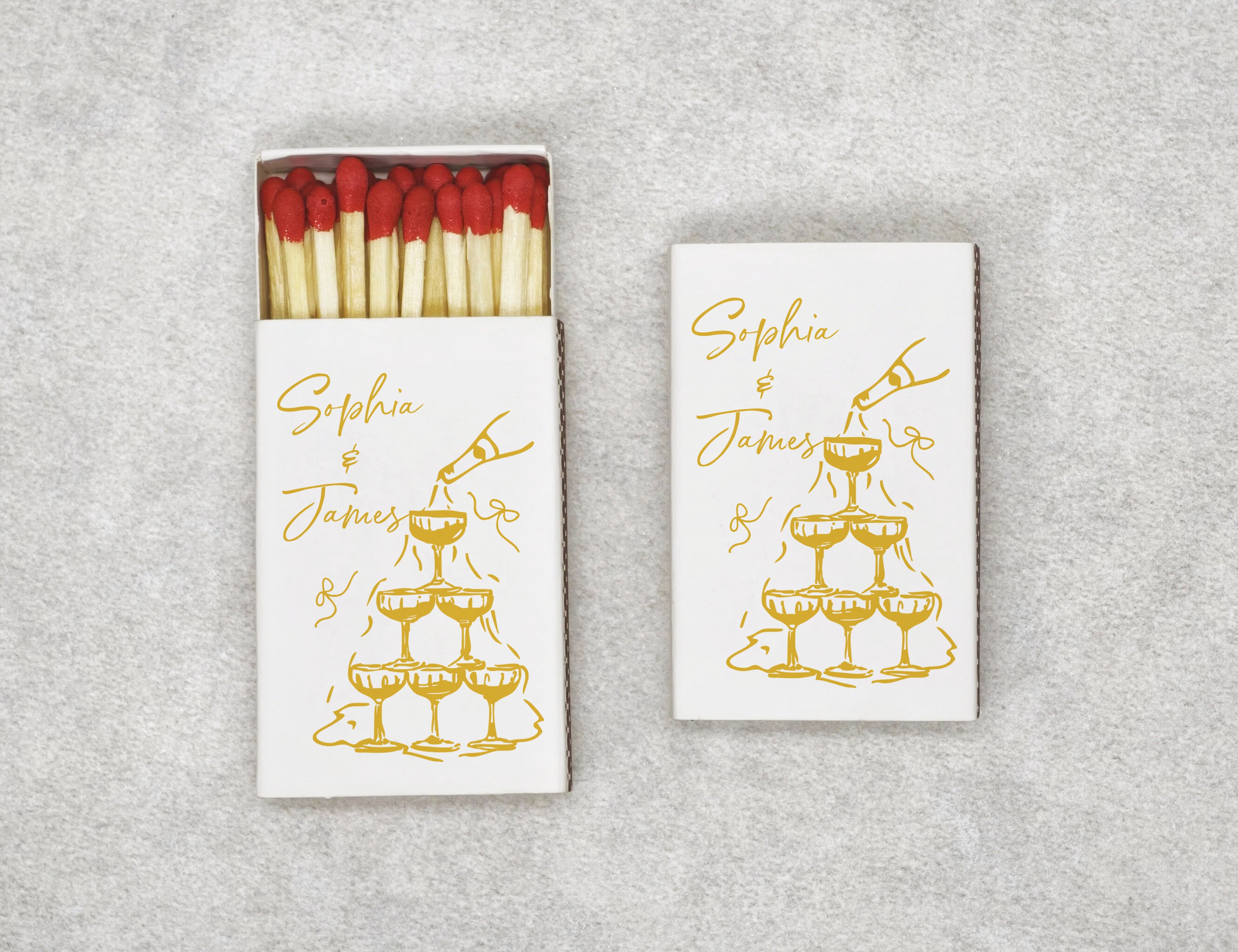 Personalized Wedding Matchboxes - Champagne Tower Custom Names Design