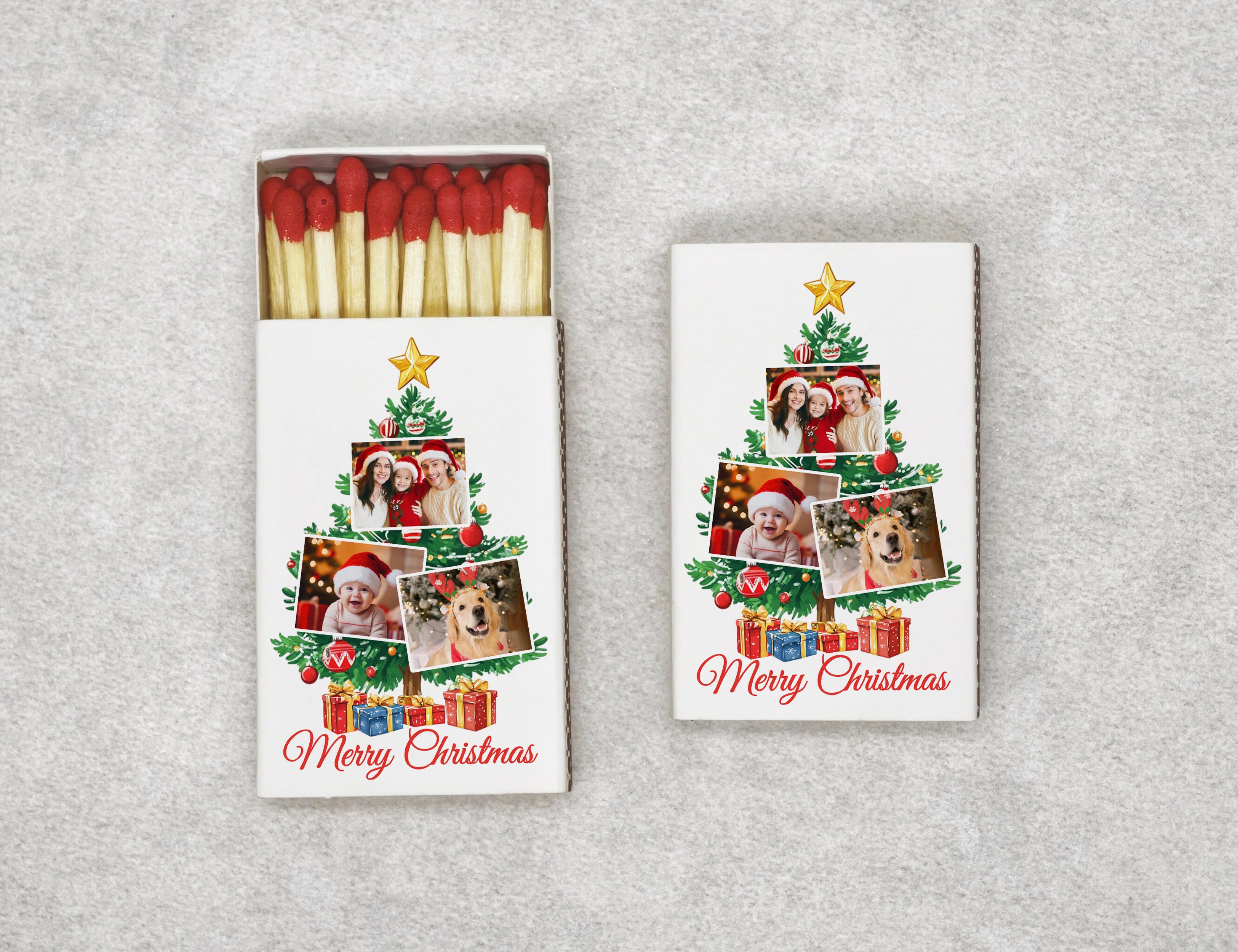 Personalized Christmas Matchboxes - Christmas Tree Photo Collage Custom Family Photos Design