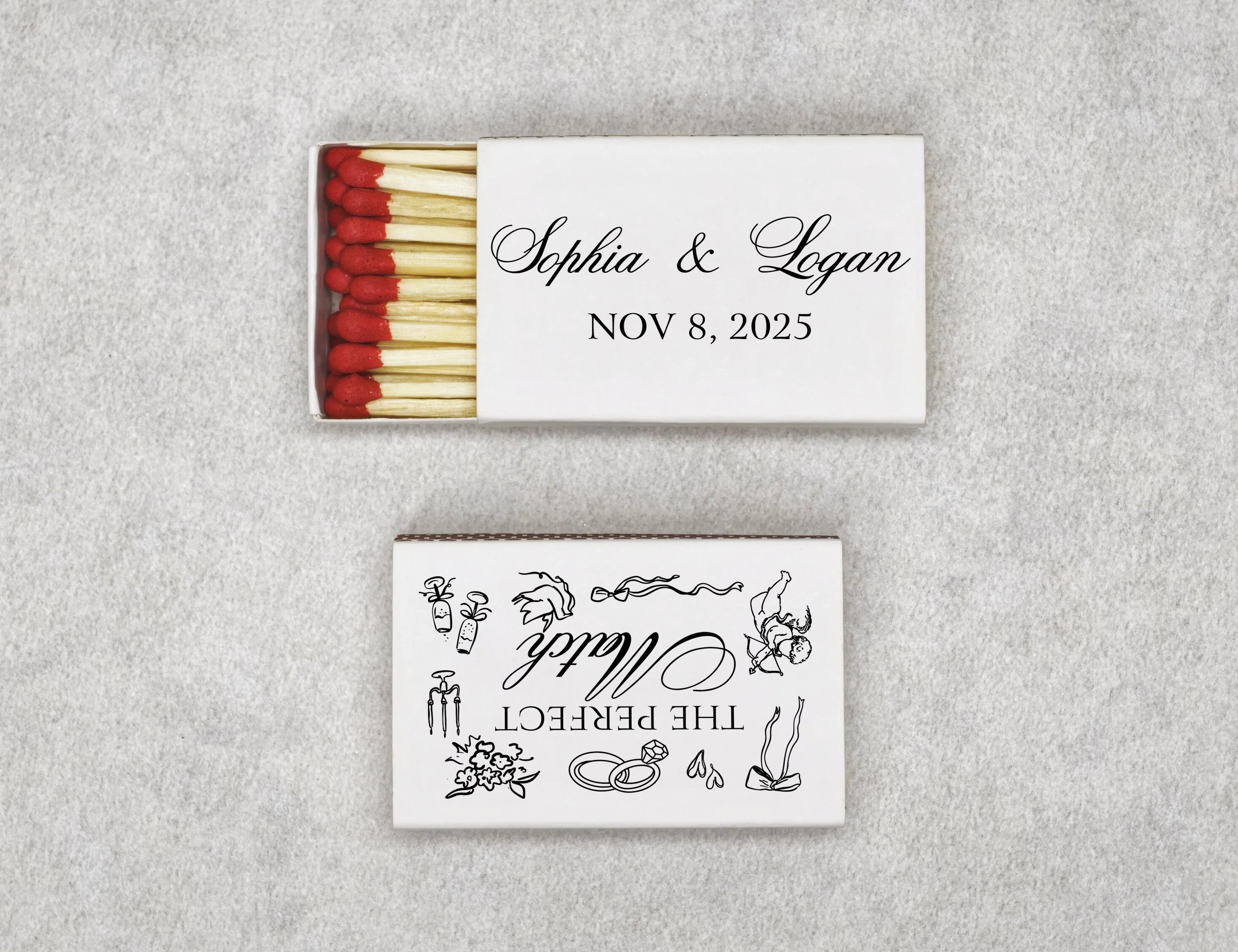 Personalized wedding matchboxes with The Perfect Match design - front view