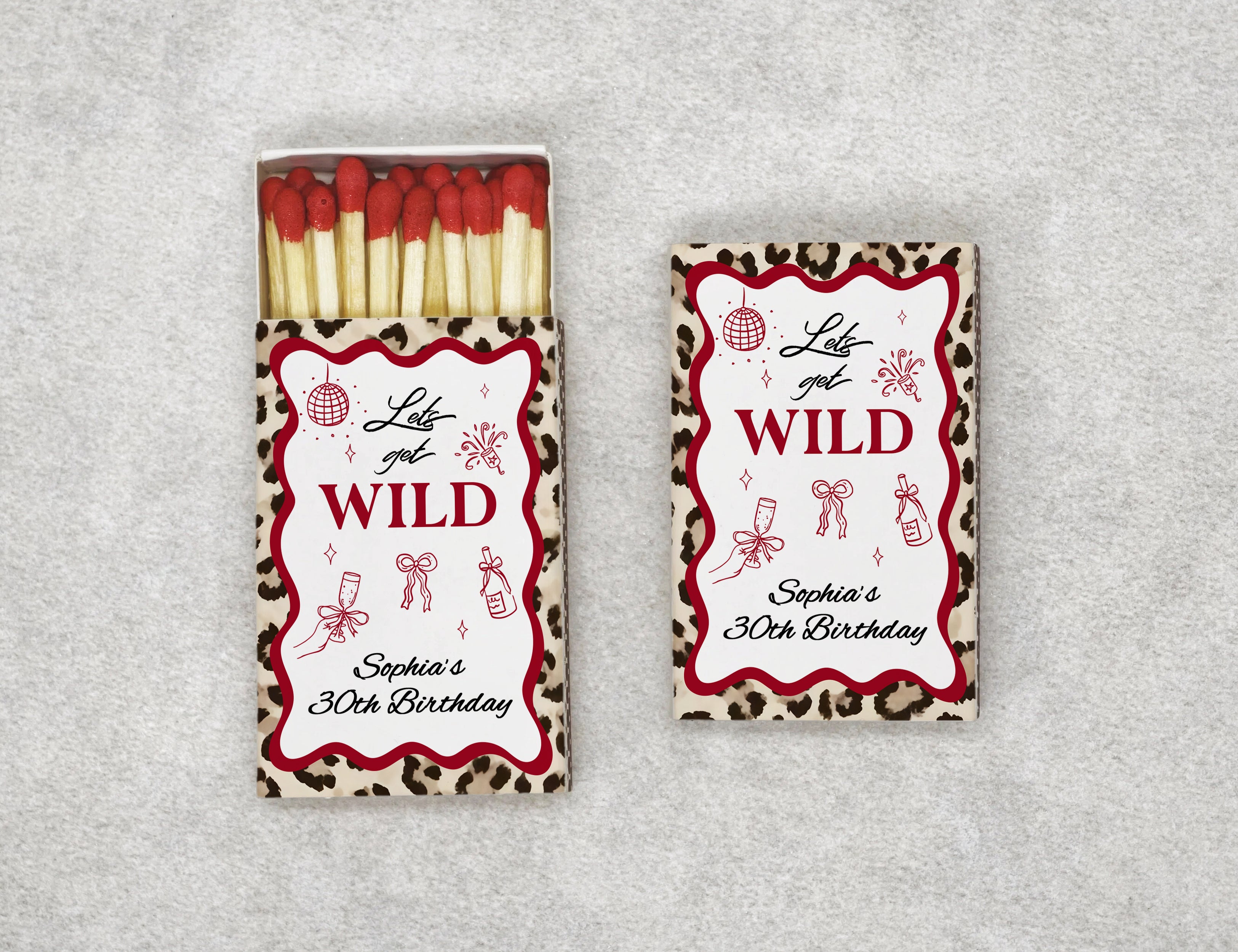 Personalized leopard print 30th birthday matchboxes with Lets Get Wild design - front view