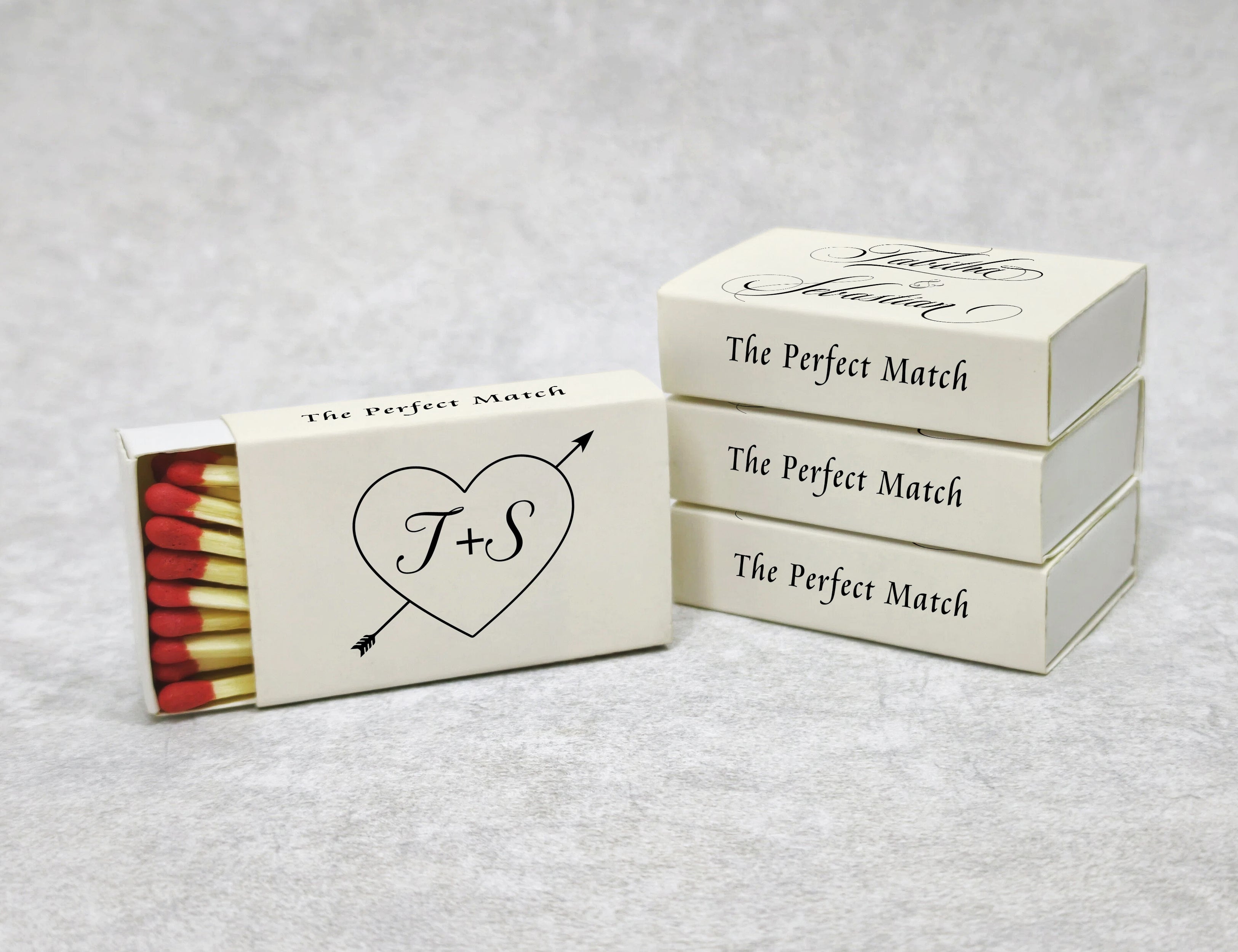 Personalized Wedding Matchboxes with Vintage Heart Arrow Motif - Side View Detail Shot