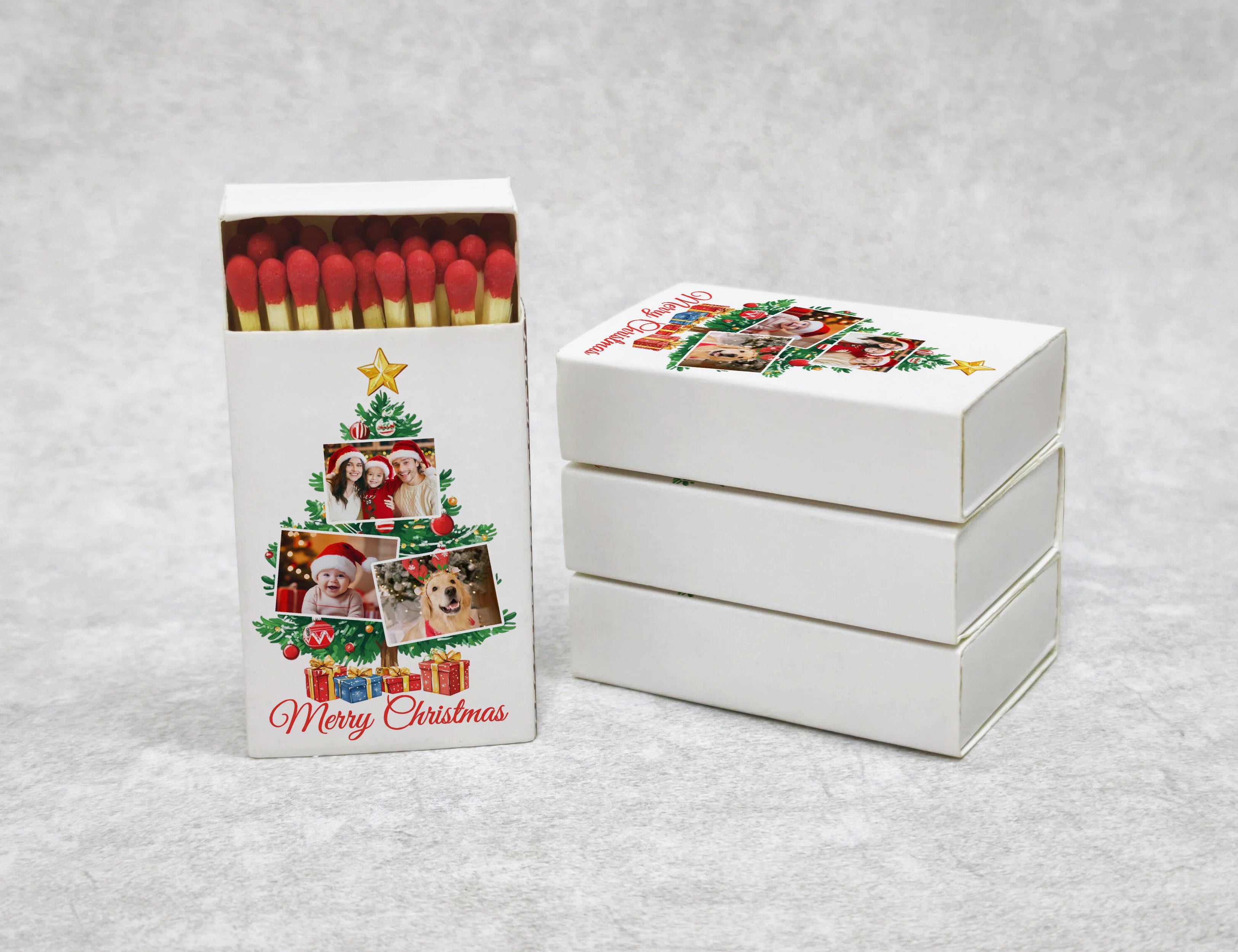 Personalized Christmas Matchboxes - Christmas Tree Photo Collage Custom Family Photos Design