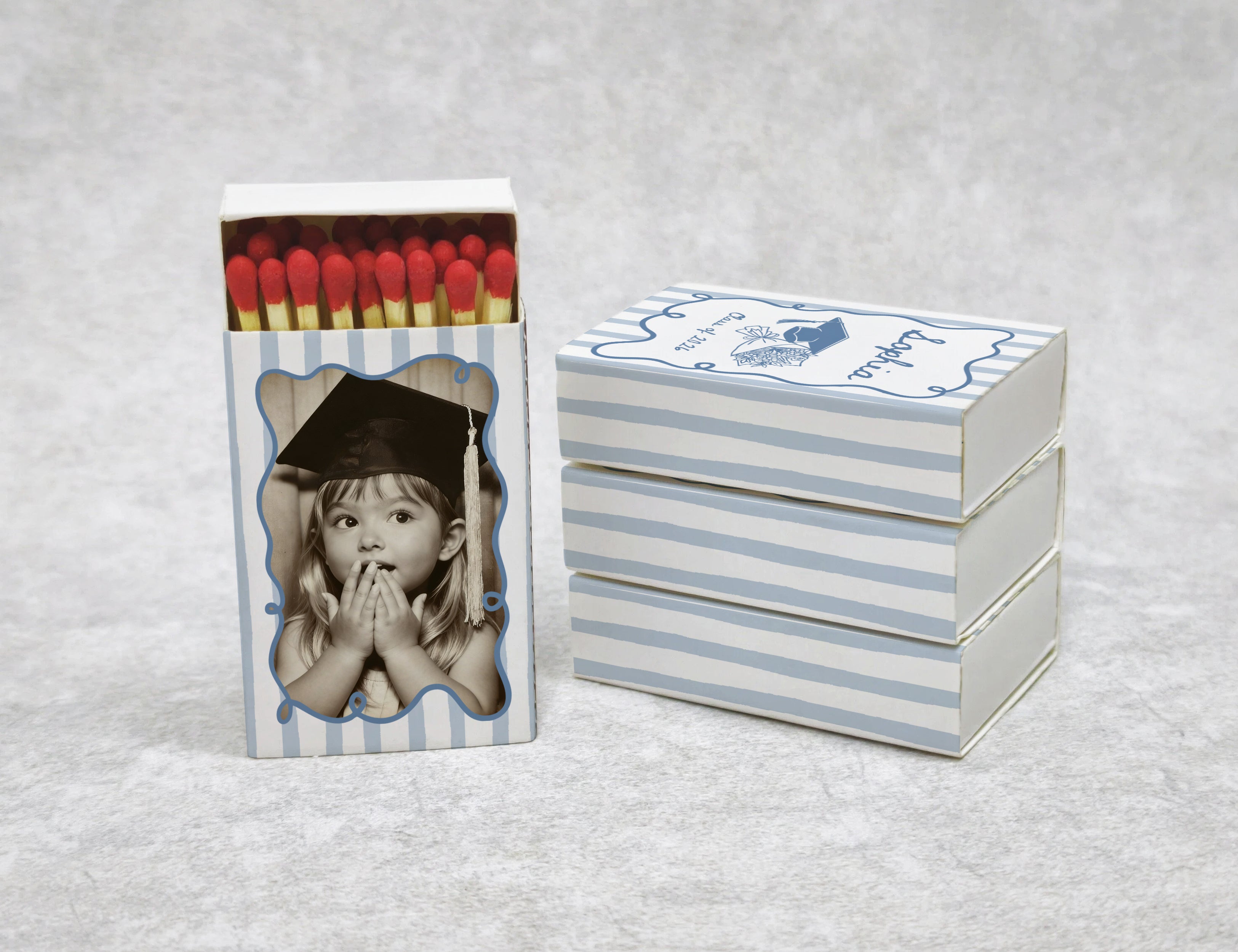 Graduation 2026 matchboxes side view with custom photo and name