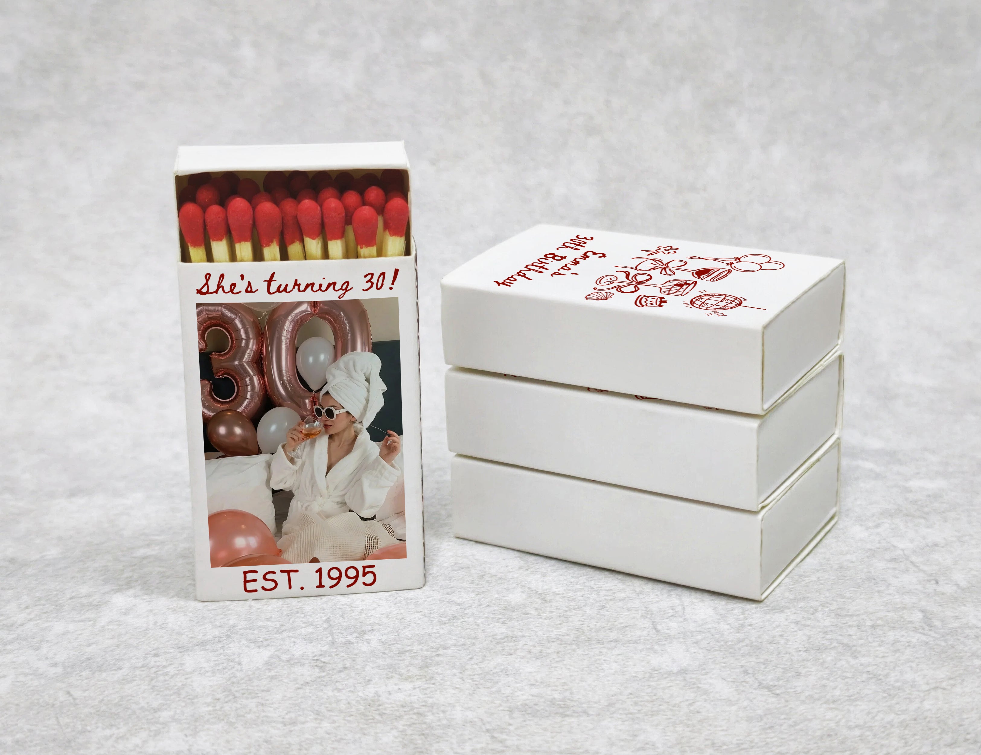 Personalized 30th Birthday Matchboxes - She's Turning 30 Custom Photo & Name Design
