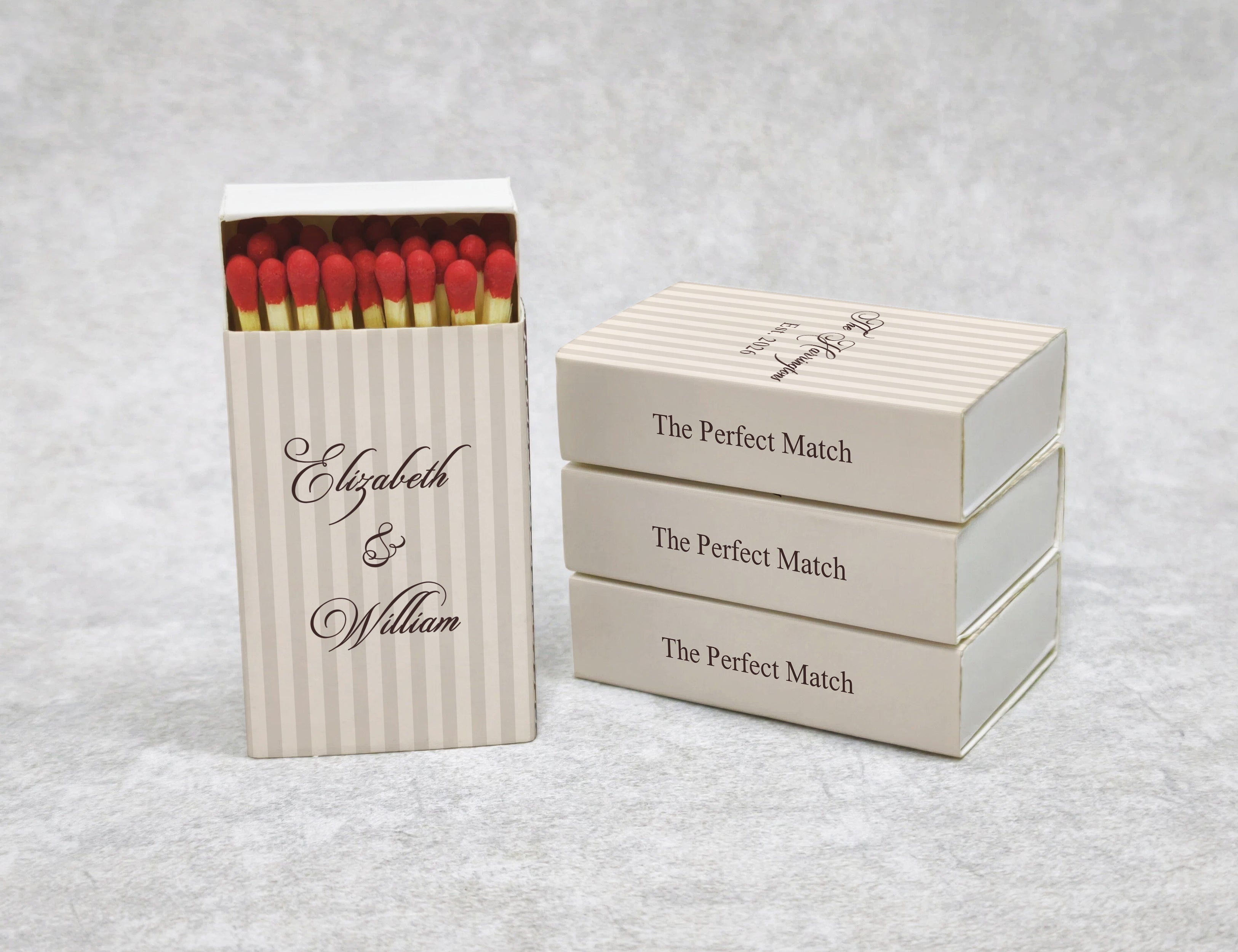 Personalized Wedding Matchboxes with Classic Striped Pattern - Side View Detail Shot