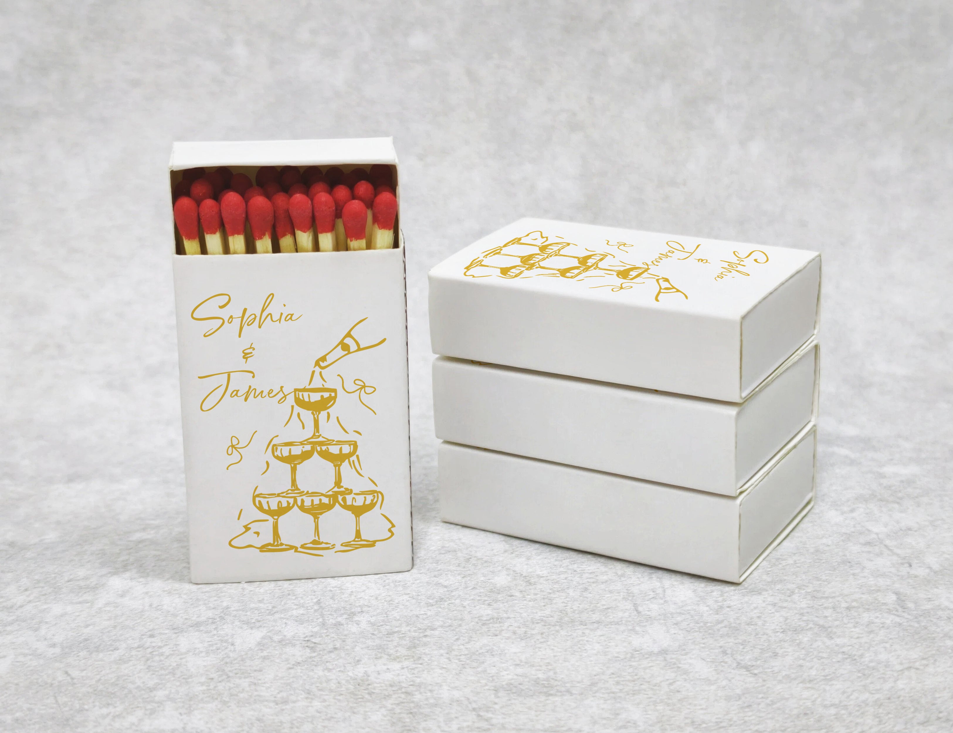Personalized Wedding Matchboxes - Champagne Tower Custom Names Design