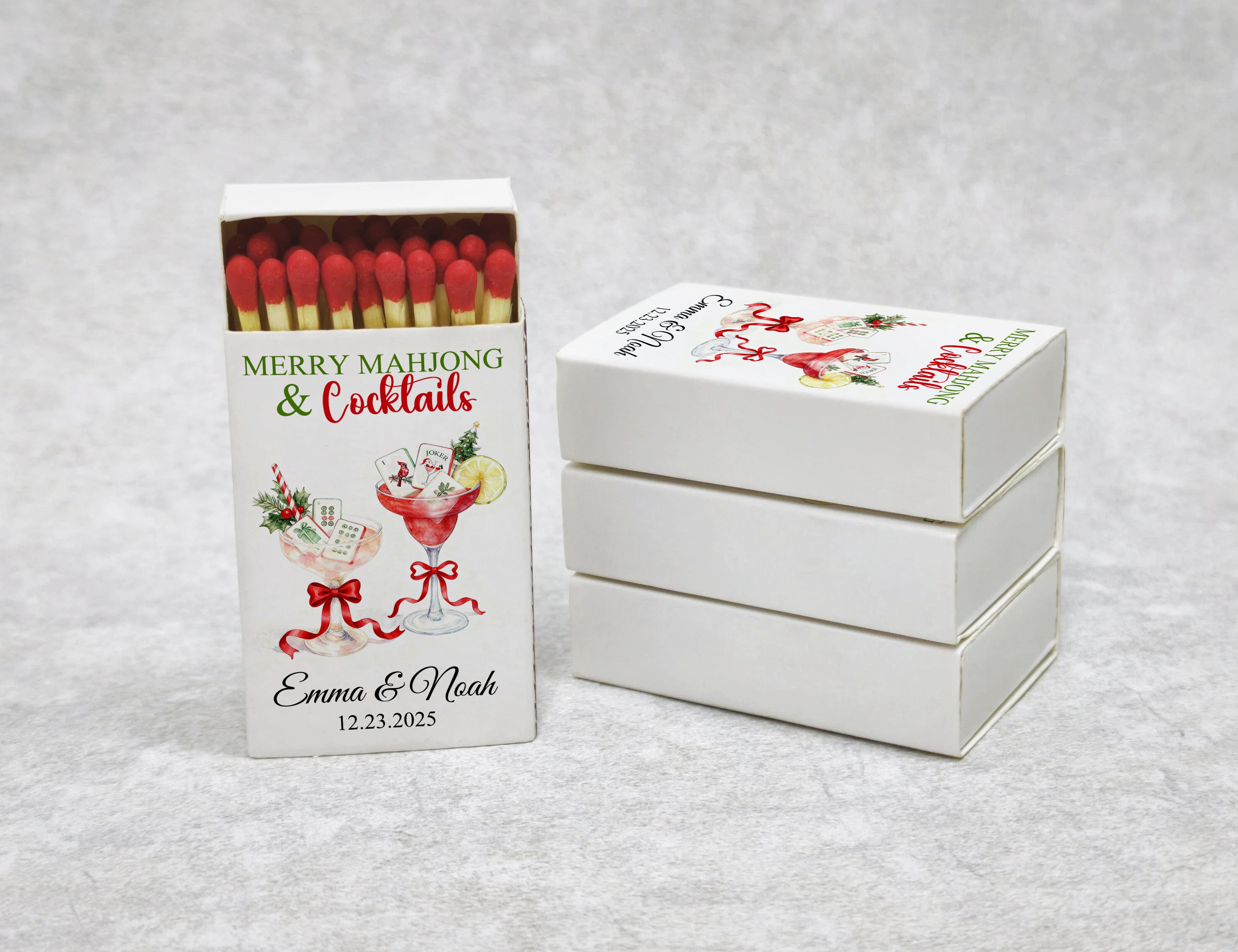 Christmas Mahjong matchboxes side view with custom names and date