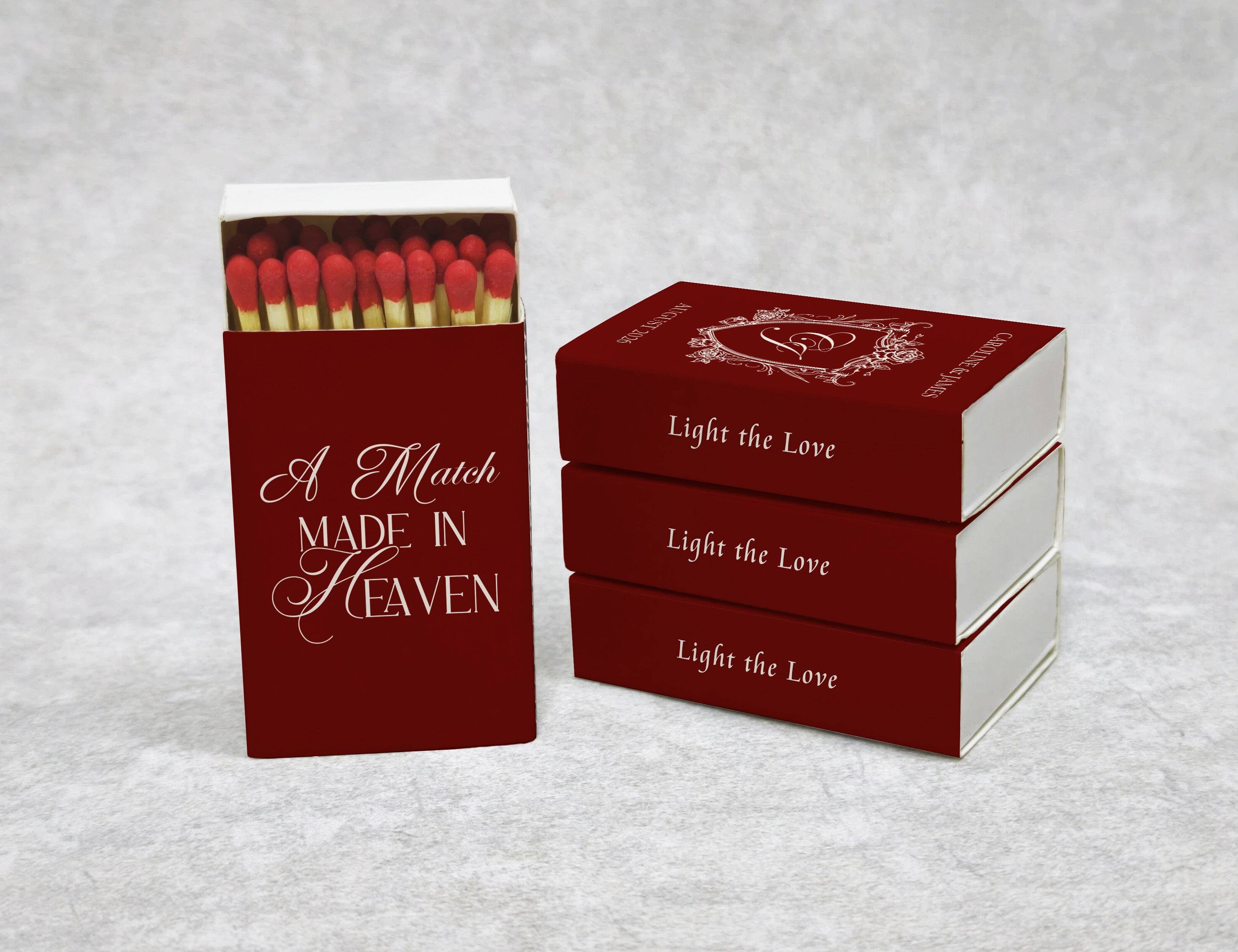 Personalized Wedding Matchboxes with Elegant Script Typography - Side View Detail Shot