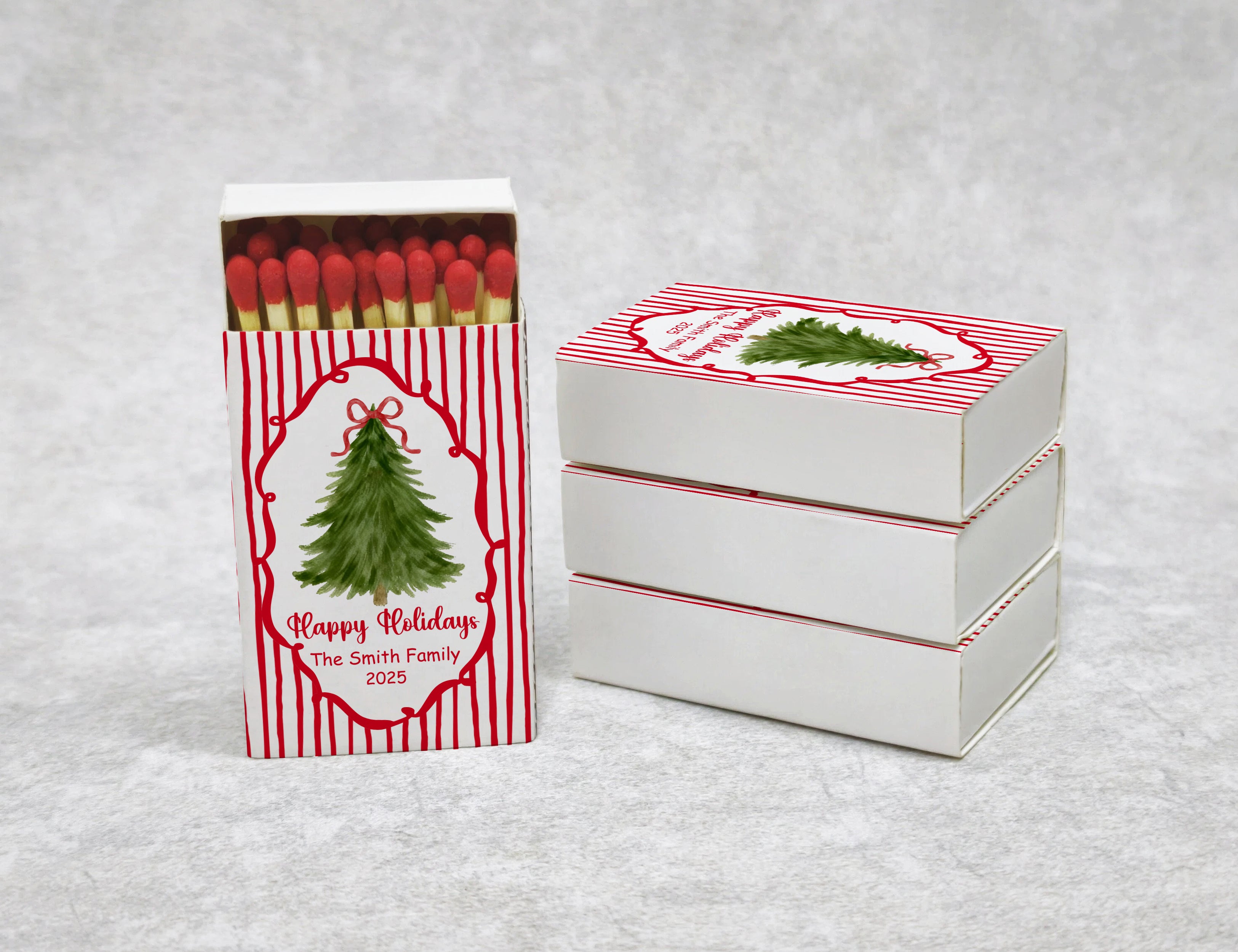 Personalized Christmas Matchboxes - Happy Holidays Watercolor Tree Custom Family Name & Year Design