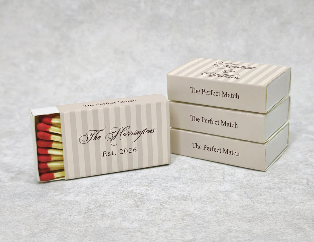 Personalized Wedding Matchboxes with Elegant Script Typography - Side View Detail Shot