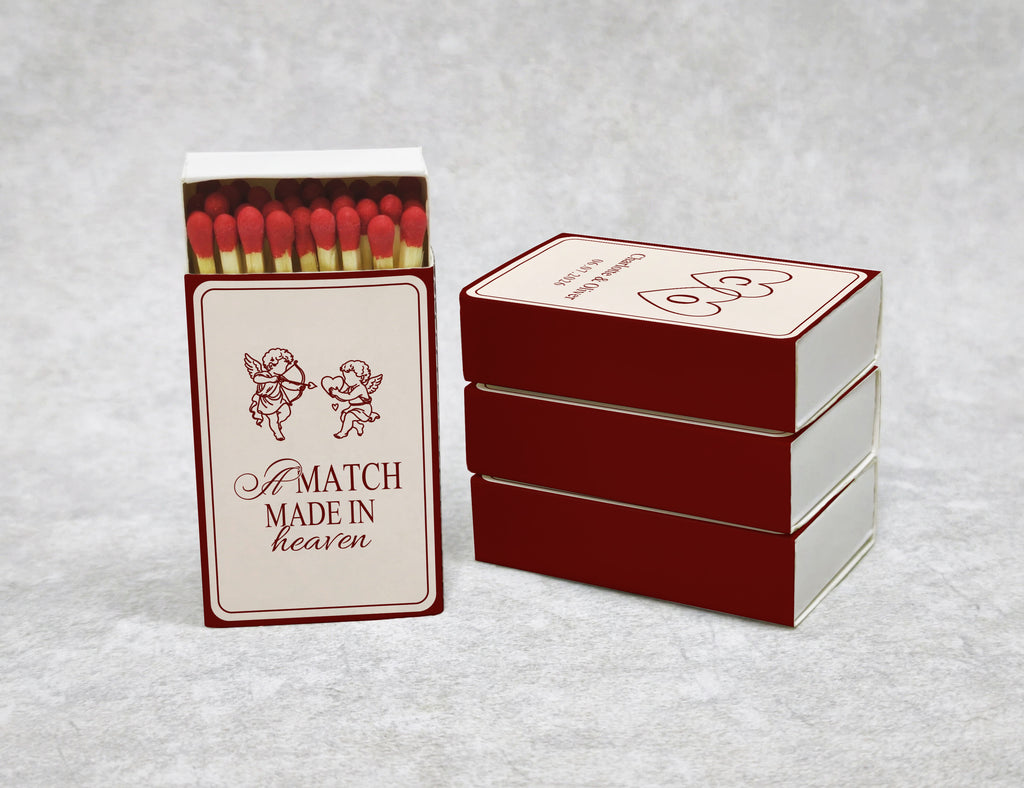 Vintage cupid wedding matchboxes side view with custom initials
