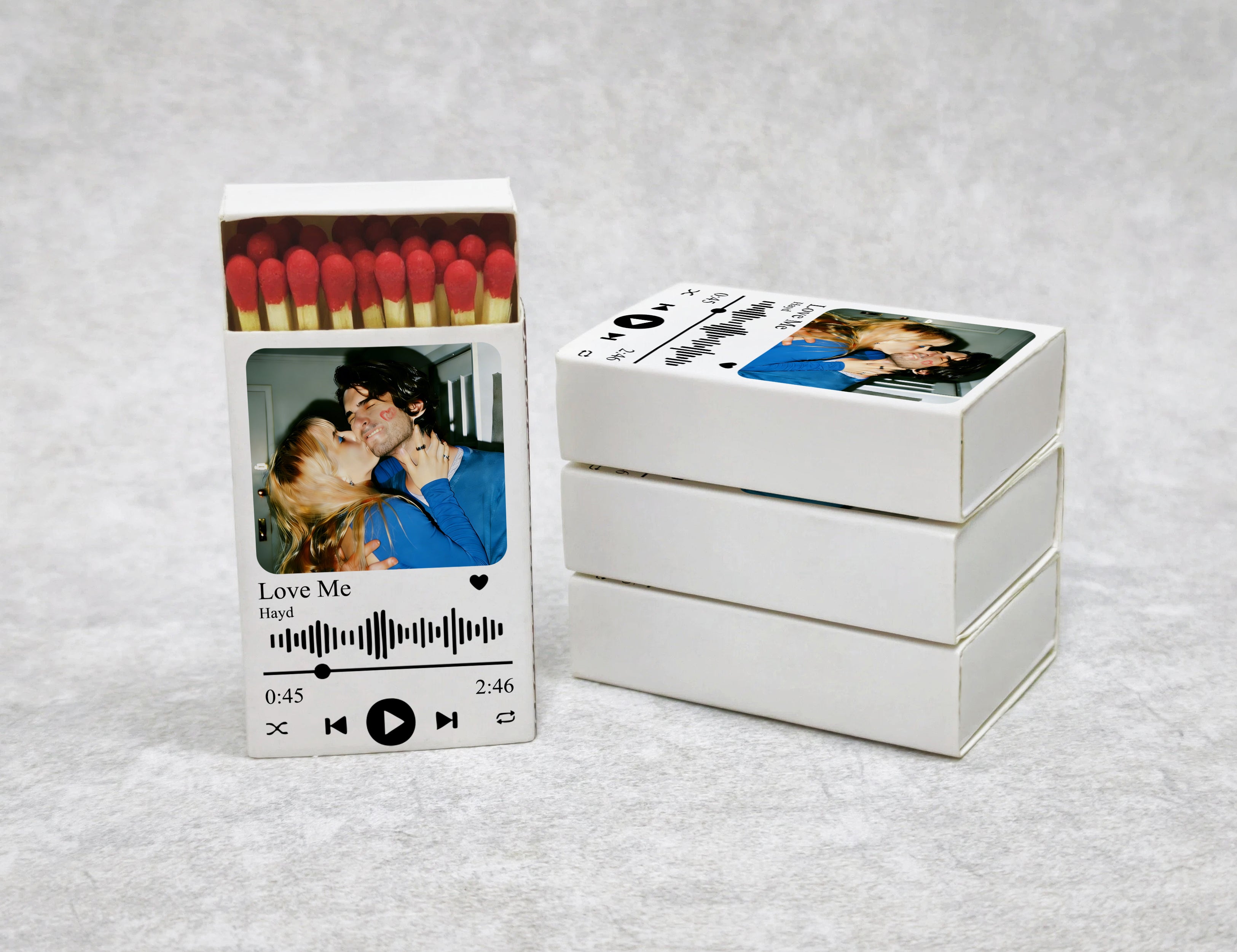 Music player matchboxes side view with custom photo and song