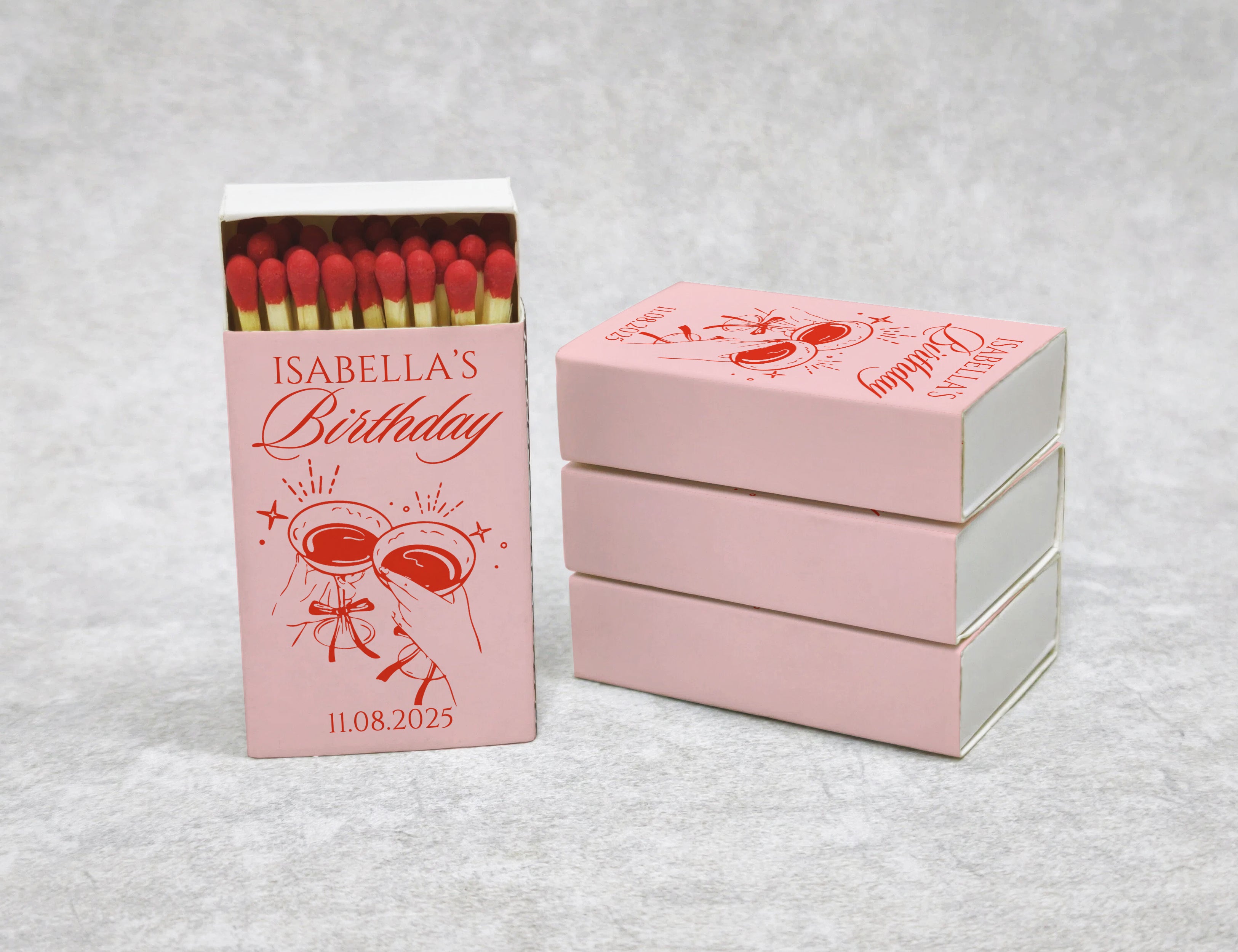 Personalized Birthday Matchboxes - Pink Cheers Custom Name & Date Design