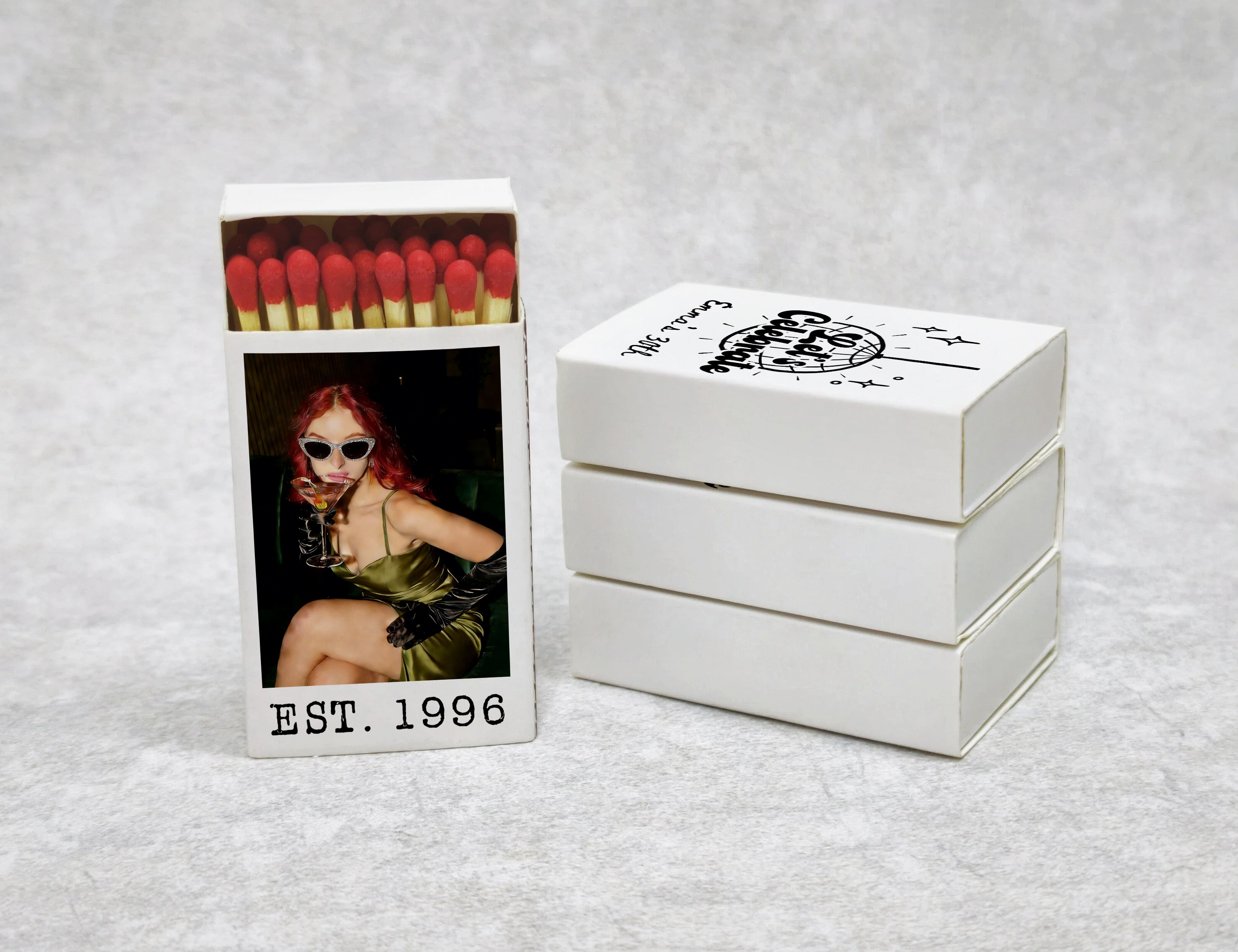 30th birthday matchboxes side view with custom name and photo