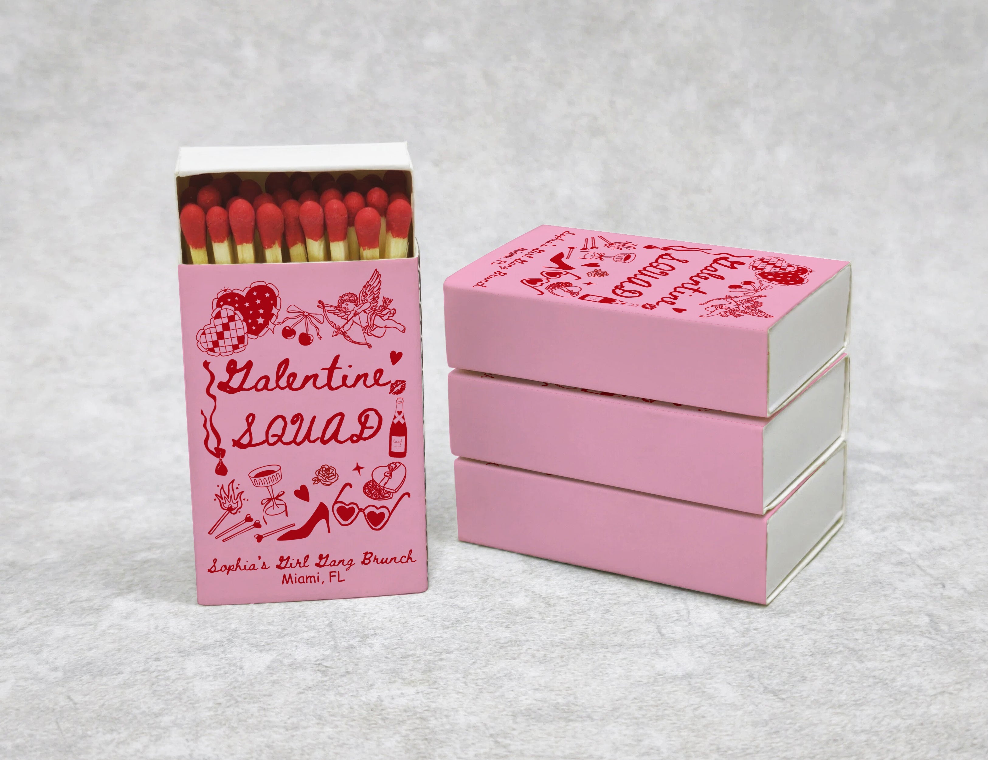Valentine Squad matchboxes side view with custom name and location