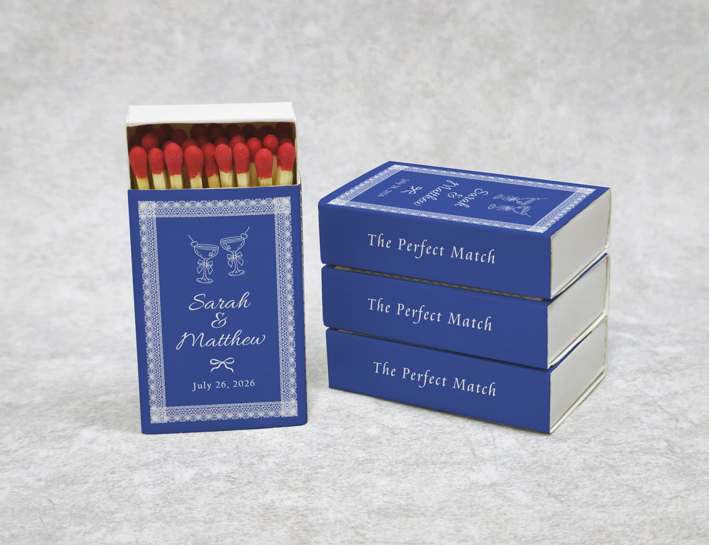 Royal blue lace wedding matchboxes side view with custom names