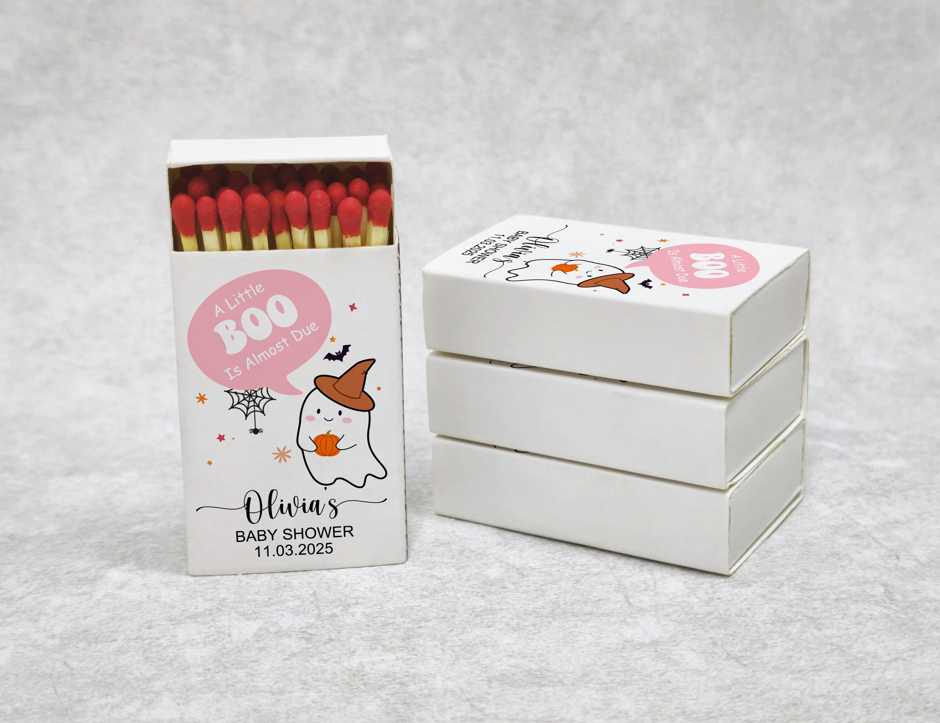 Personalized Baby Shower Matchboxes - Cute Ghost 'A Little BOO Is Almost Due' Design