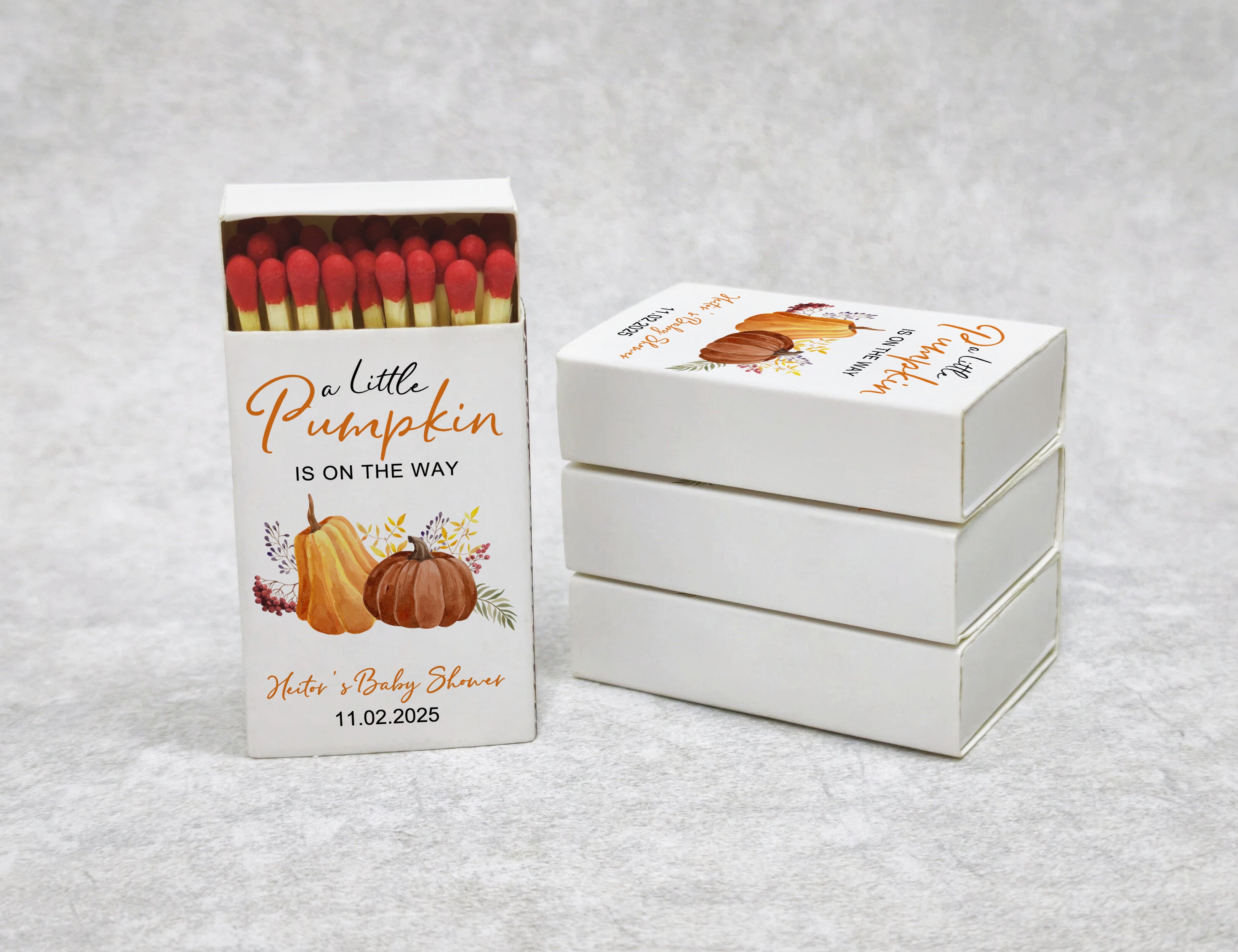 Personalized Baby Shower Matchboxes - A Little Pumpkin Is On The Way Custom Name & Date Design