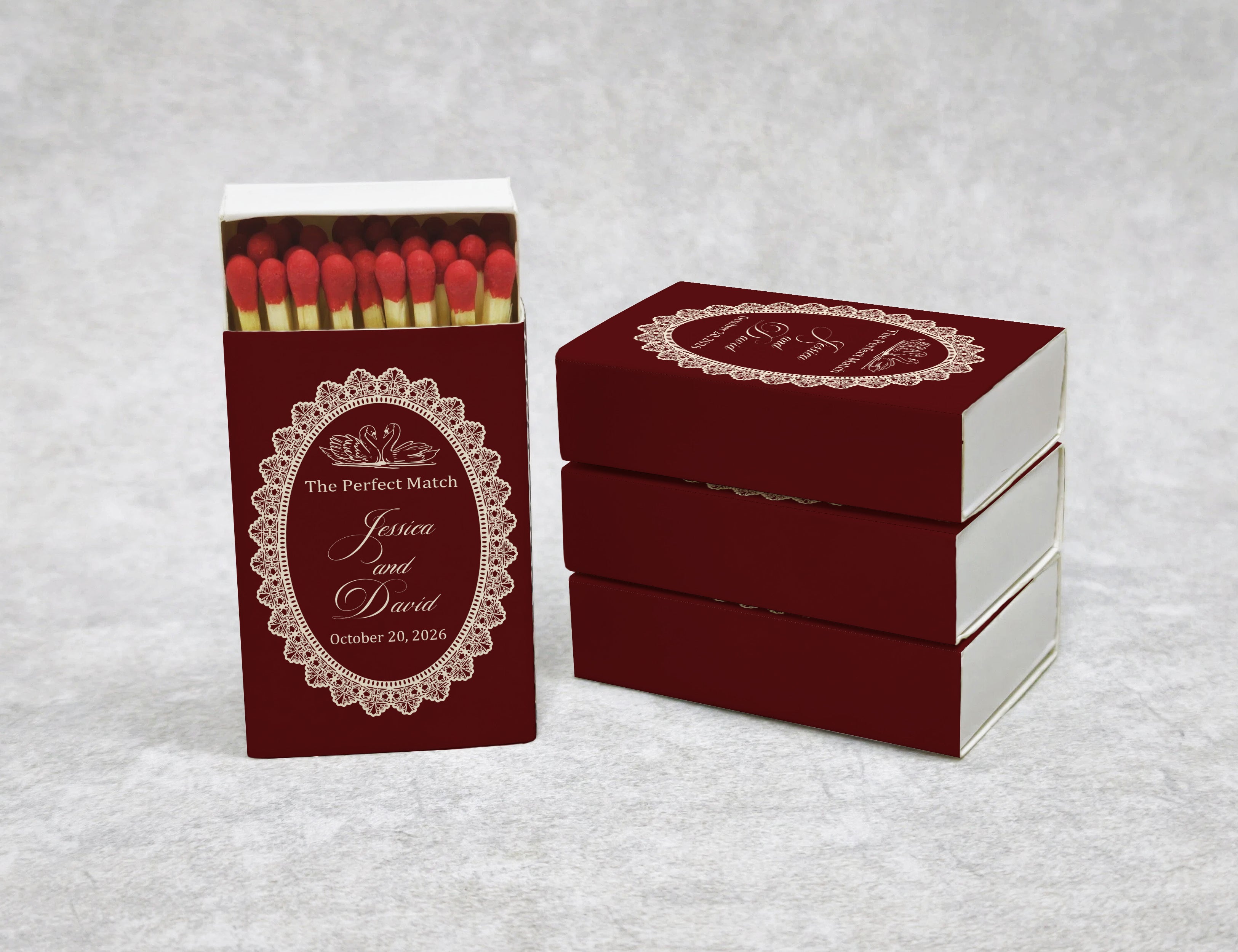 Personalized Burgundy Lace Wedding Matchboxes - Custom Swan "The Perfect Match" Elegant Engagement & Bridal Shower Favors with Names & Date
