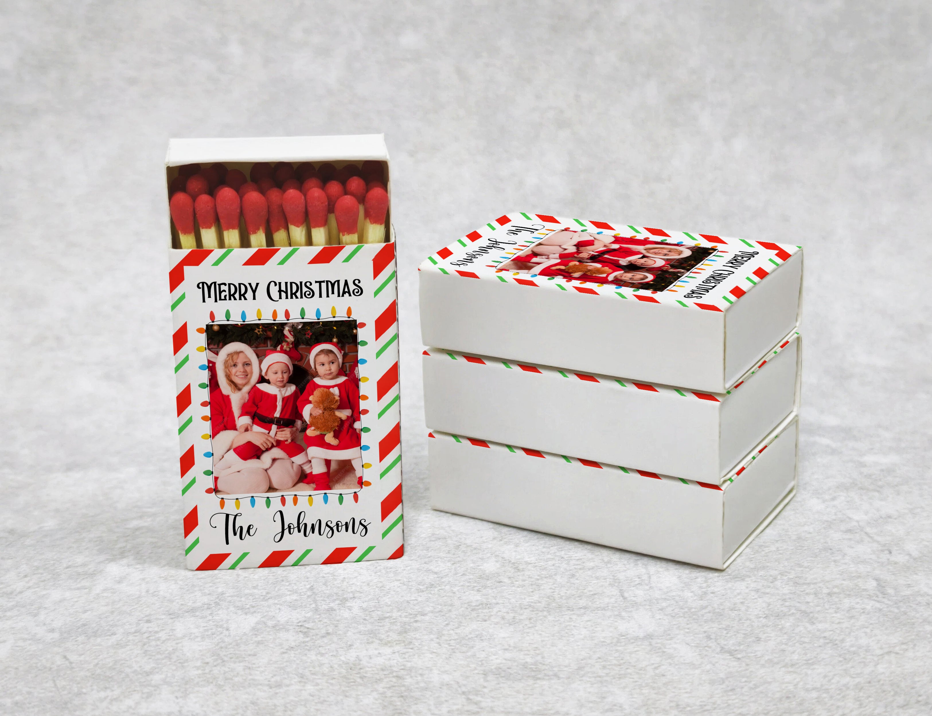 Personalized Christmas Matchboxes - Merry Christmas Custom Photo & Family Name Design