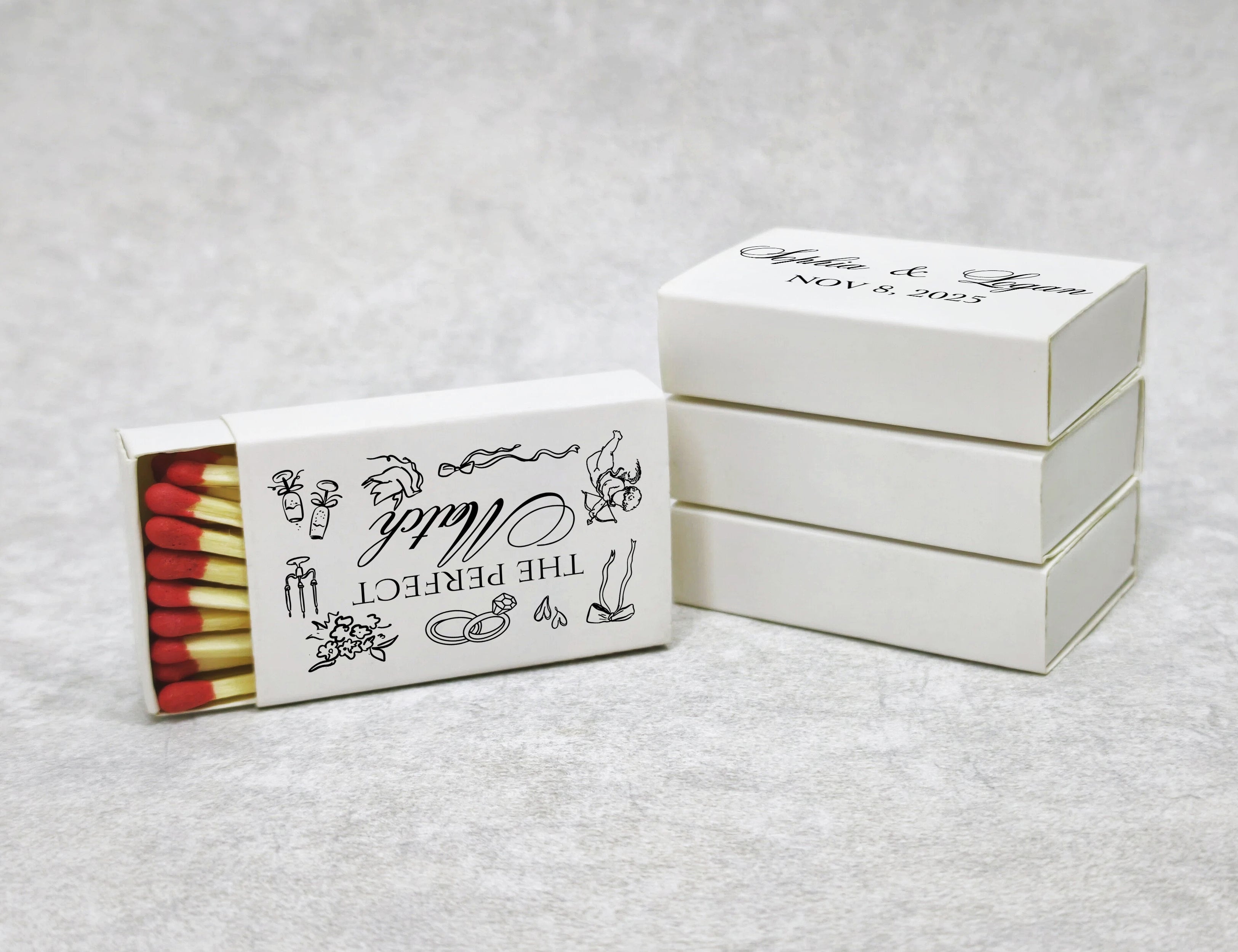 The Perfect Match matchboxes side view with custom names and date