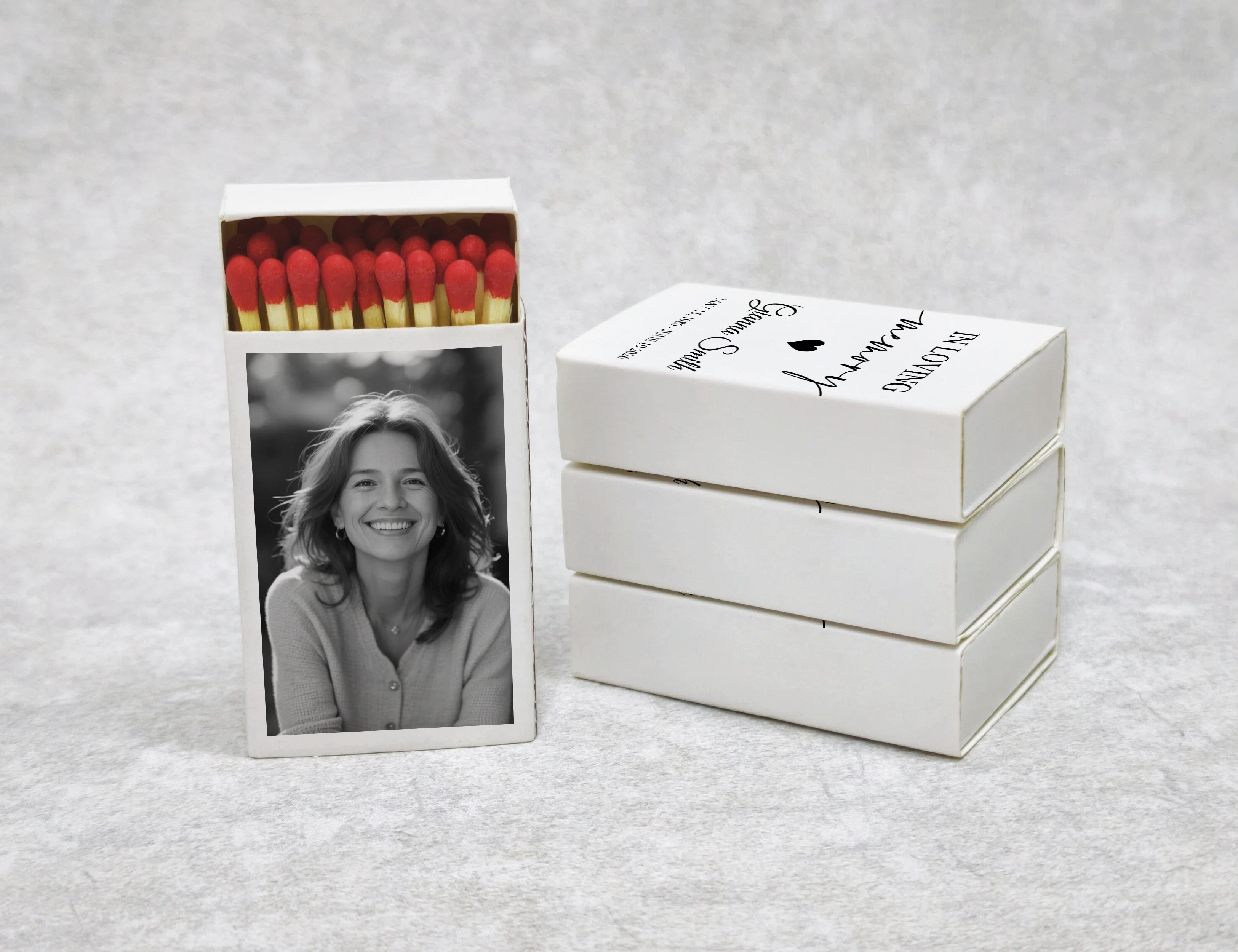 Memorial matchboxes side view with custom photo and name
