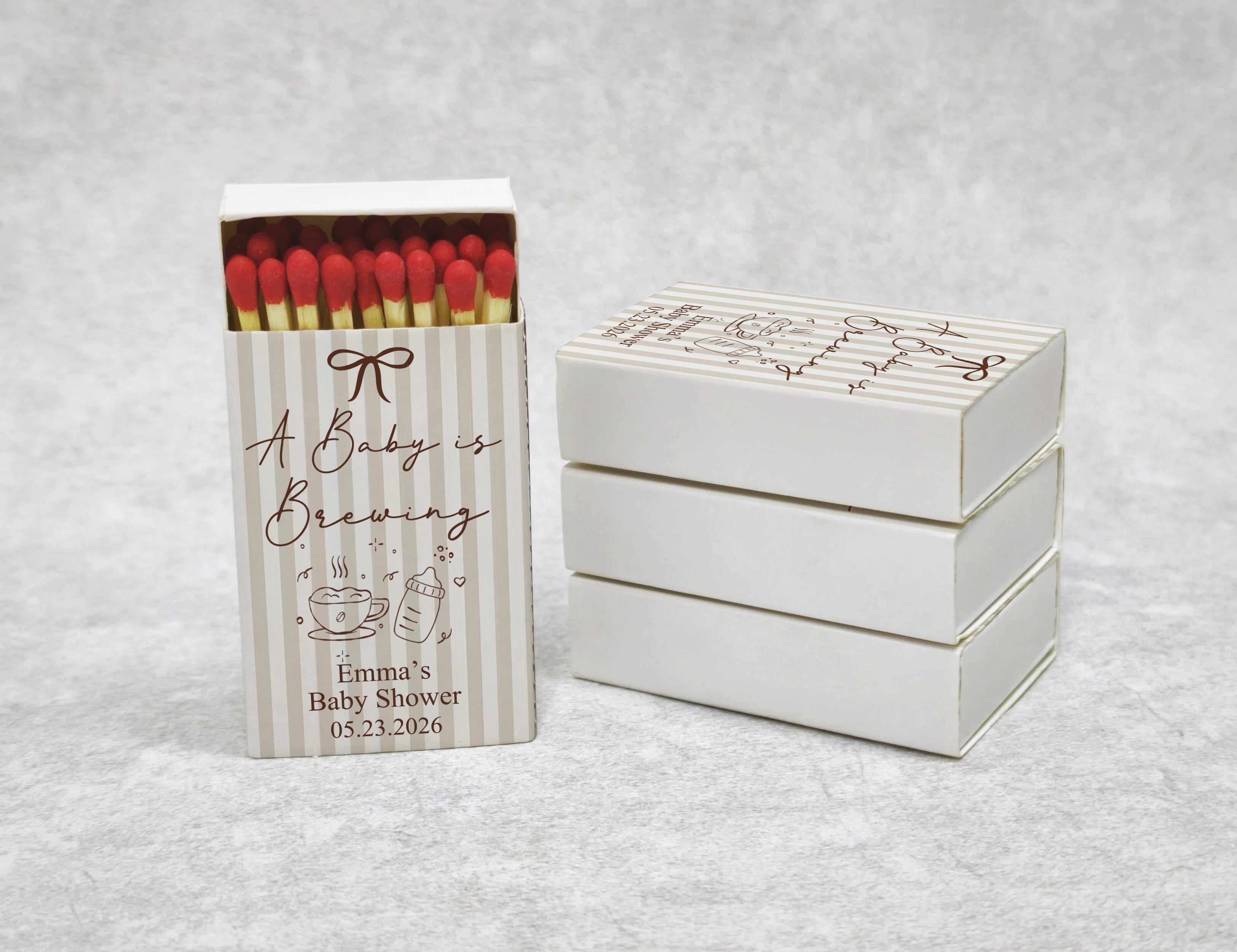 Personalized Baby Shower Matchboxes - A Baby is Brewing Custom Name & Date Design