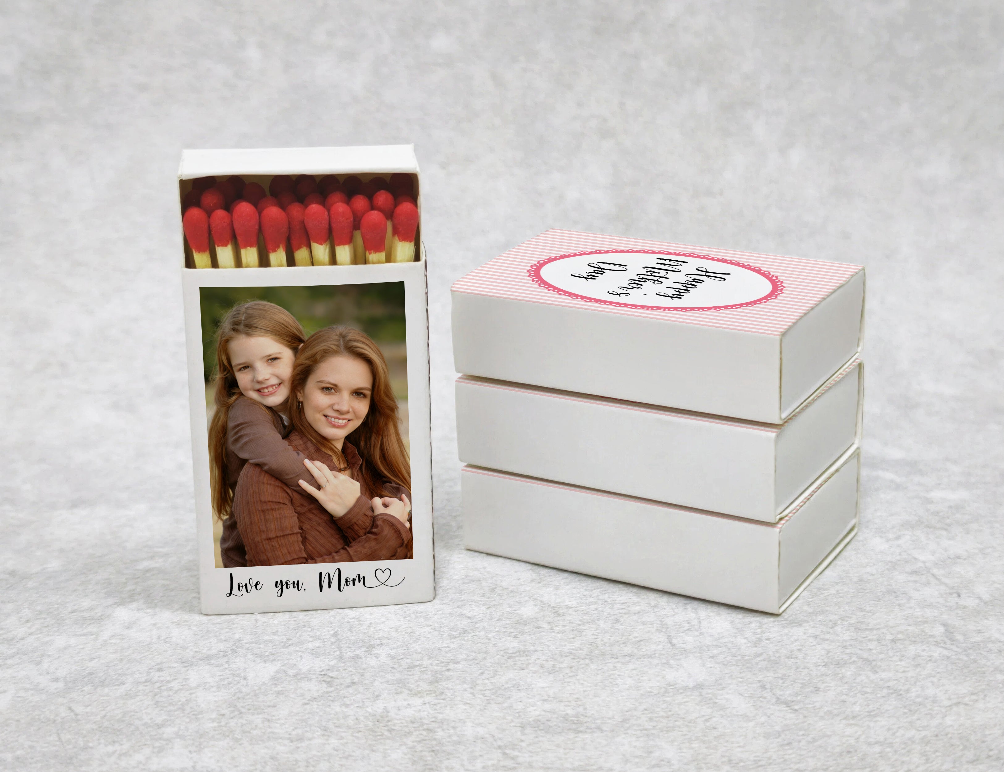 Personalized Pink Stripe Mother's Day Matchboxes - Custom Photo & Happy Mother's Day Design for Mom