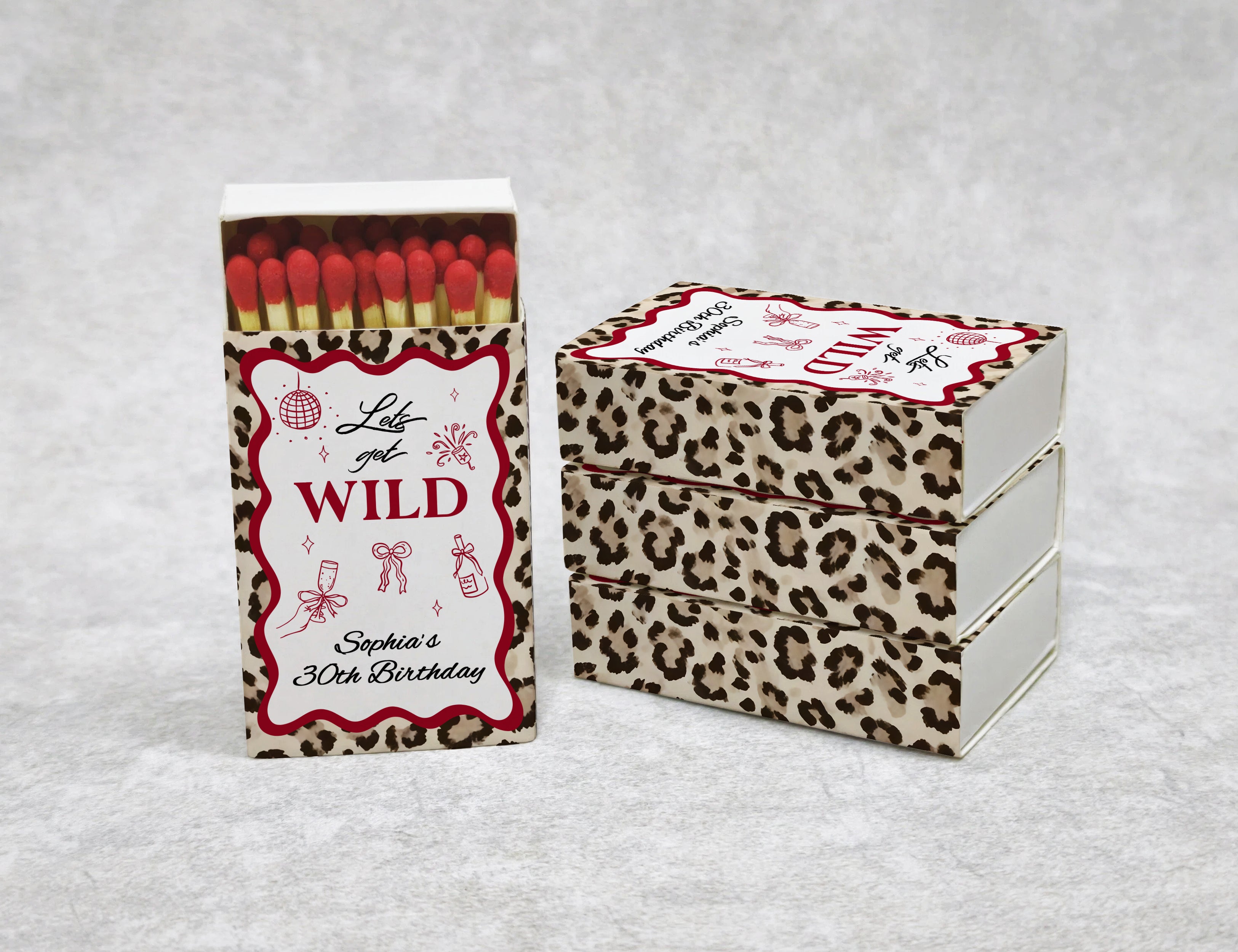 30th birthday leopard print matchboxes side view with custom name