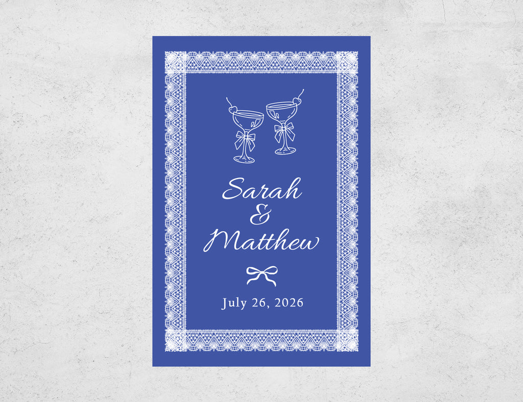 Blue lace matchboxes with colored matches and The Perfect Match design